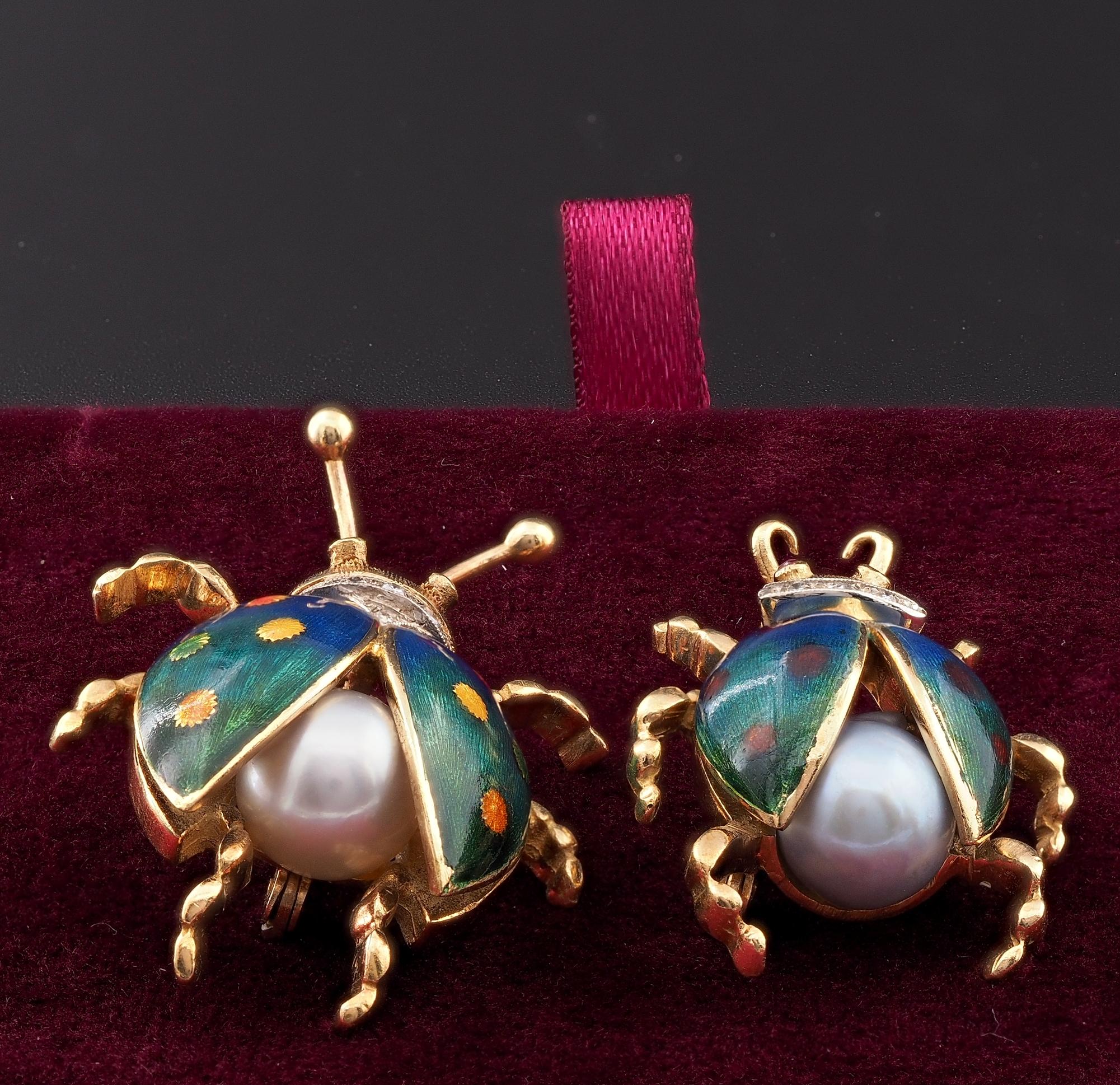Round Cut Estate Enamel Pearl Diamond Twin Lady bug brooches 18 KT For Sale
