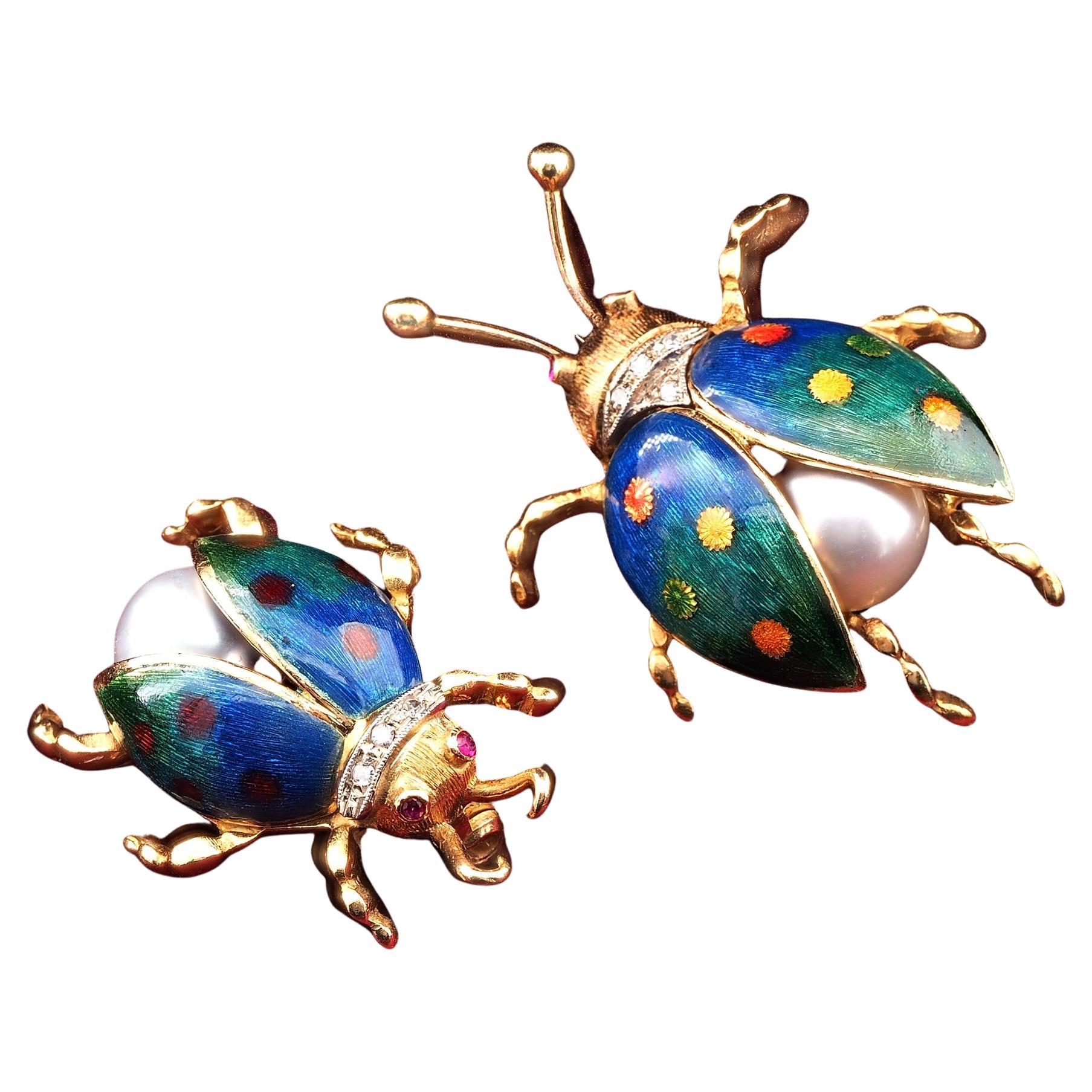 Estate Enamel Pearl Diamond Twin Lady bug brooches 18 KT For Sale