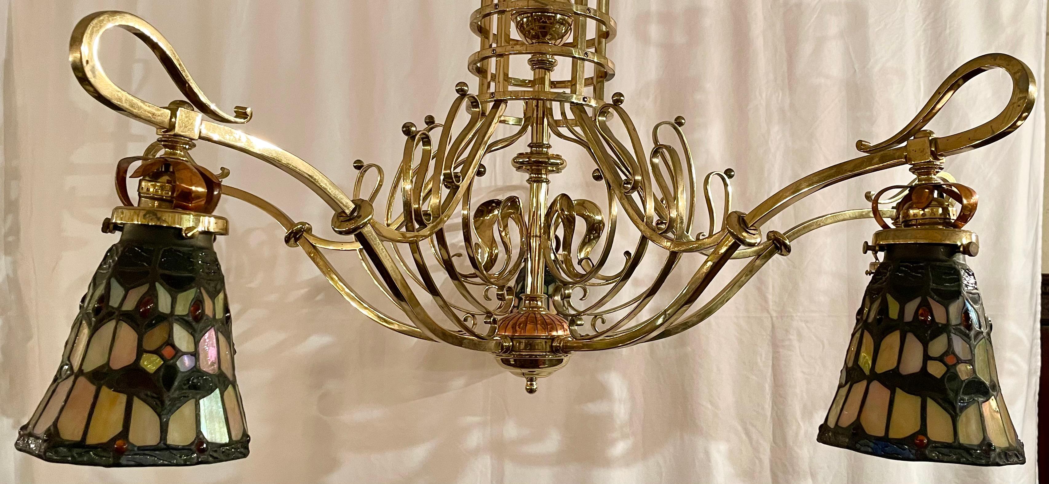 Lámpara de billar inglesa Art Nouveau con vidrieras, cobre y latón, ca. 1950 siglo XX en venta