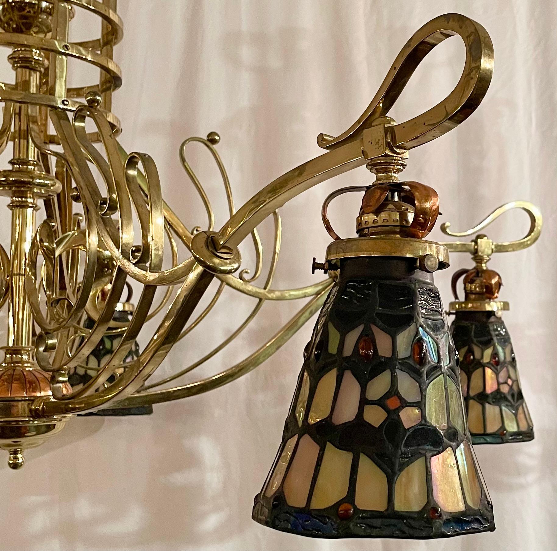 Lámpara de billar inglesa Art Nouveau con vidrieras, cobre y latón, ca. 1950 Latón en venta