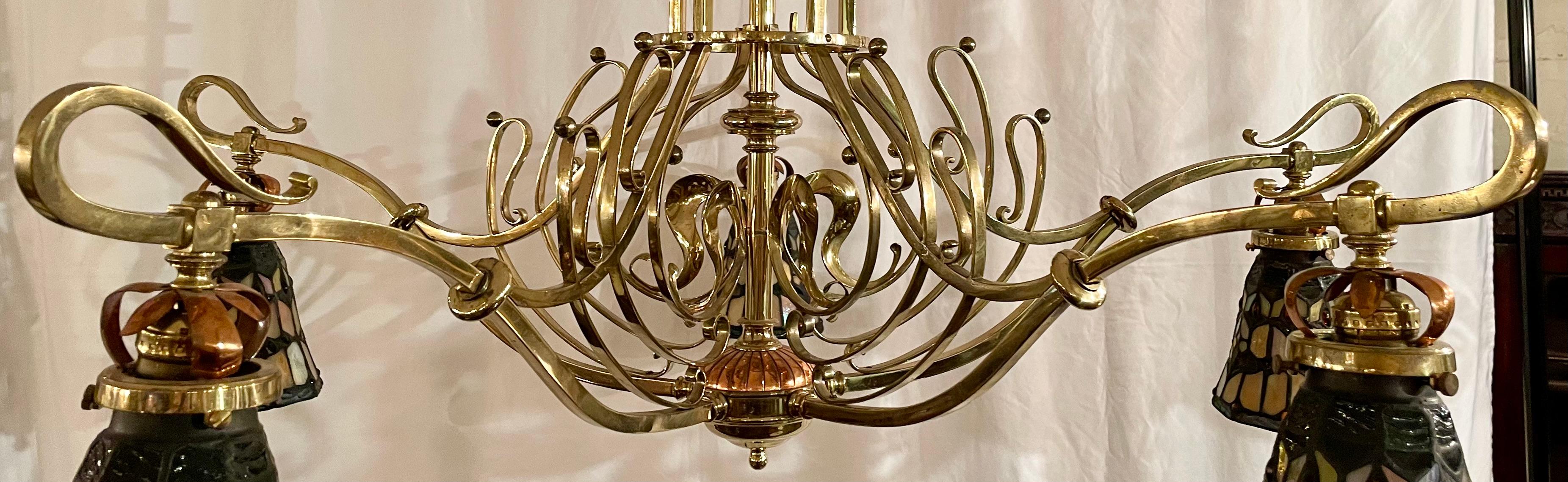 Lámpara de billar inglesa Art Nouveau con vidrieras, cobre y latón, ca. 1950 en venta 1