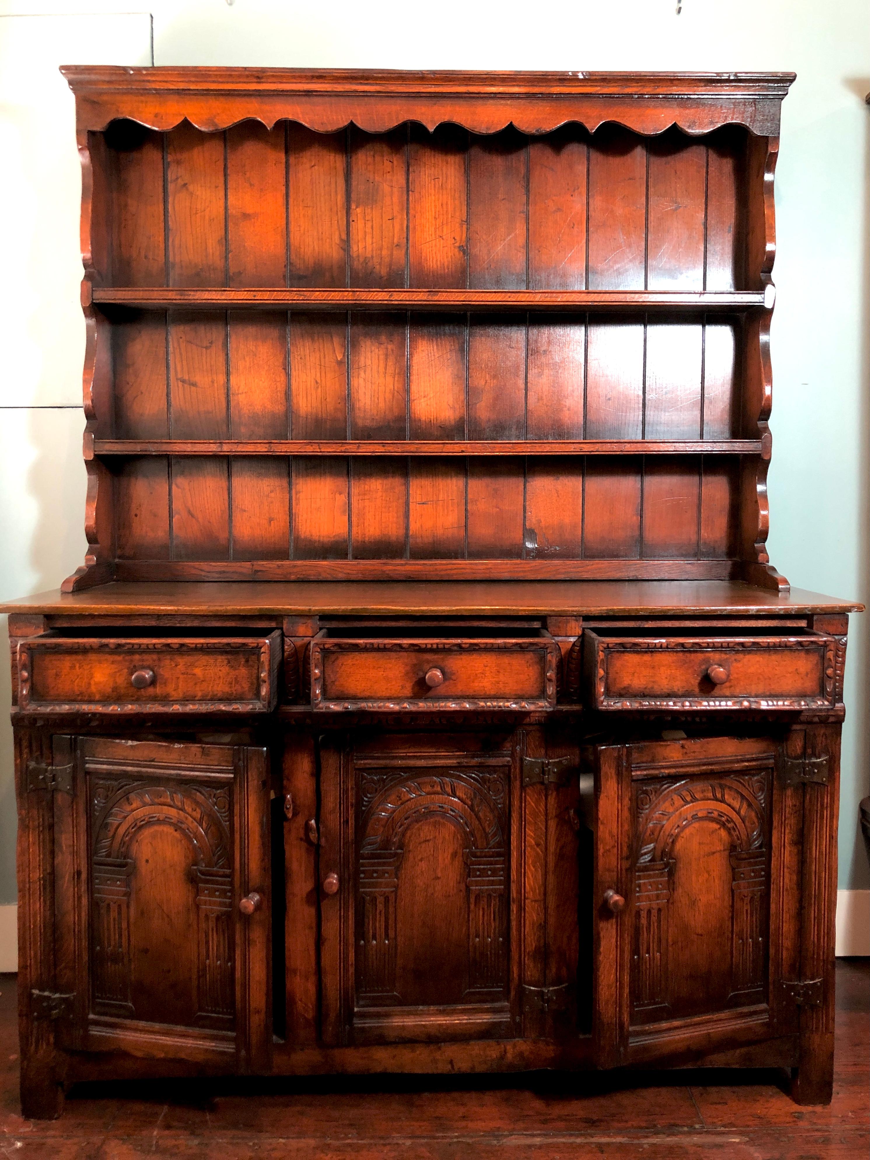Estate English hand-carved elm Welsh dresser, Circa 1920's.