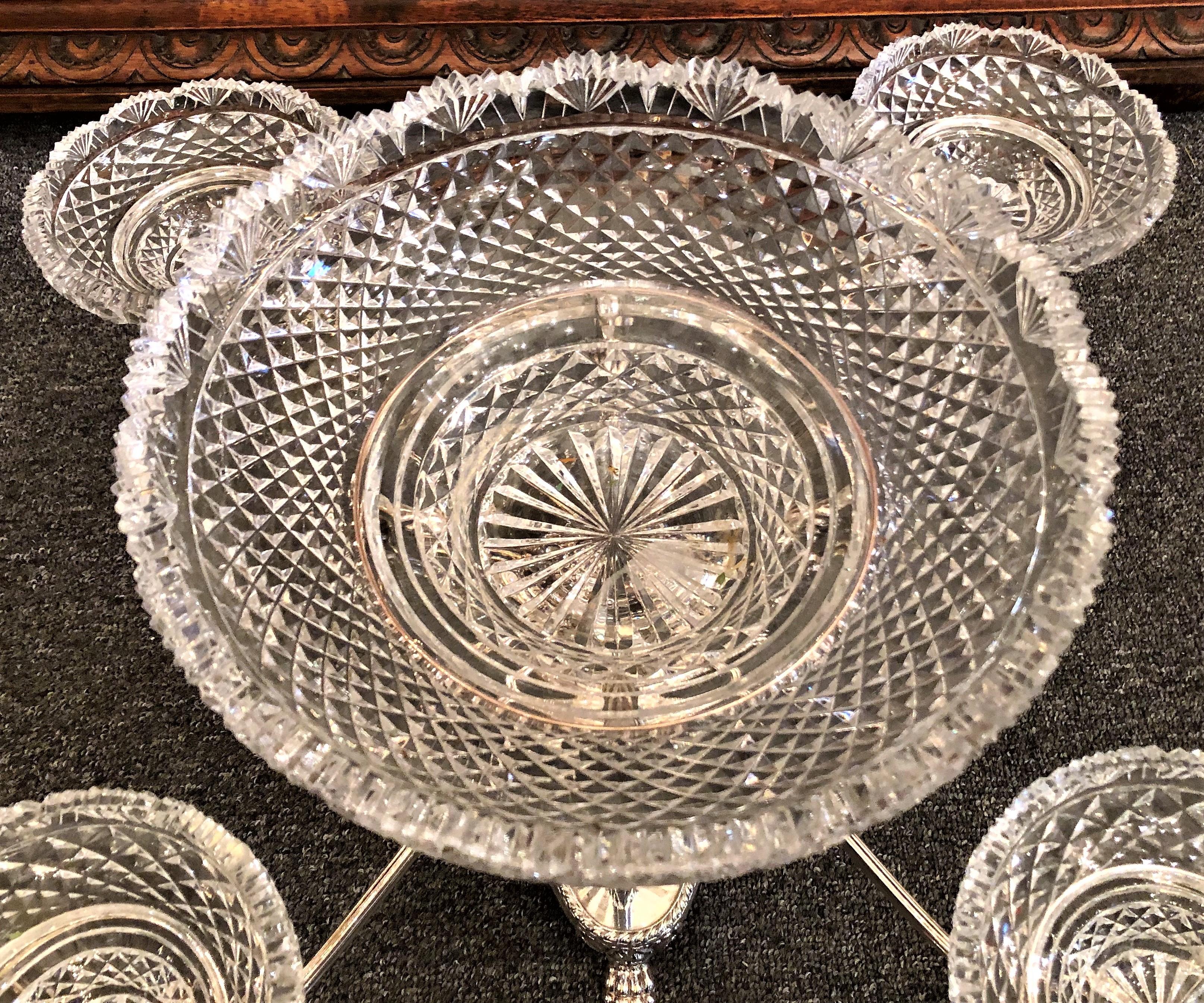 20th Century Estate English Handmade Silver Plate and Cut Crystal Epergne Centrepiece