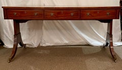 Estate English Leather Top Mahogany Partner's Table Desk on Casters, Circa 1960.