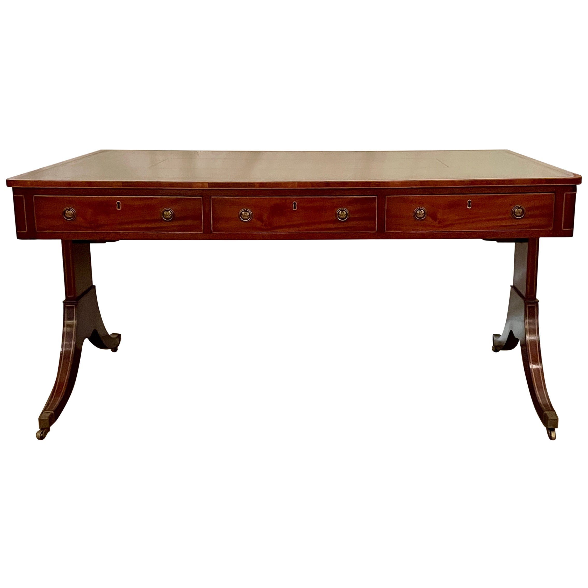 Estate English Leather Top Mahogany Partner's Table Desk on Casters, Circa 1960. For Sale