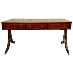 Estate English Leather Top Mahogany Partner's Table Desk on Casters, Circa 1960.