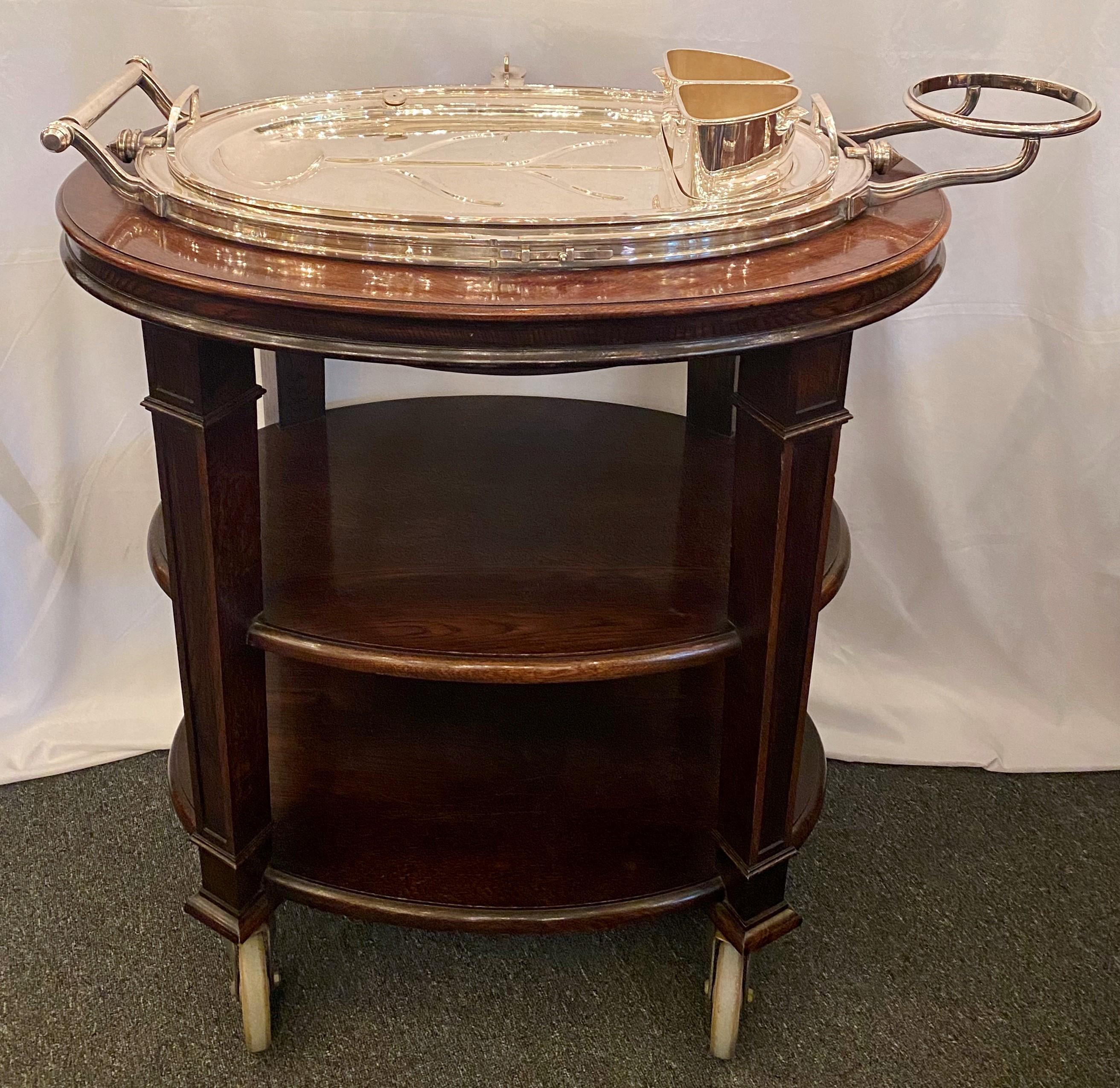 20th Century Estate English Sheffield Silver Mahogany Carving Trolley on Casters, circa 1950