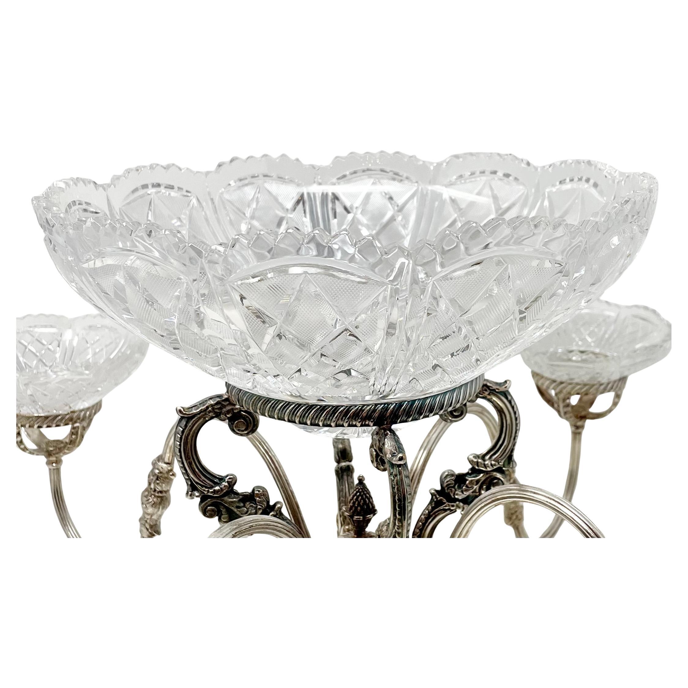 Estate English Silver-Plated Epergne with Cut Crystal Bowls, Circa 1950's. 5
