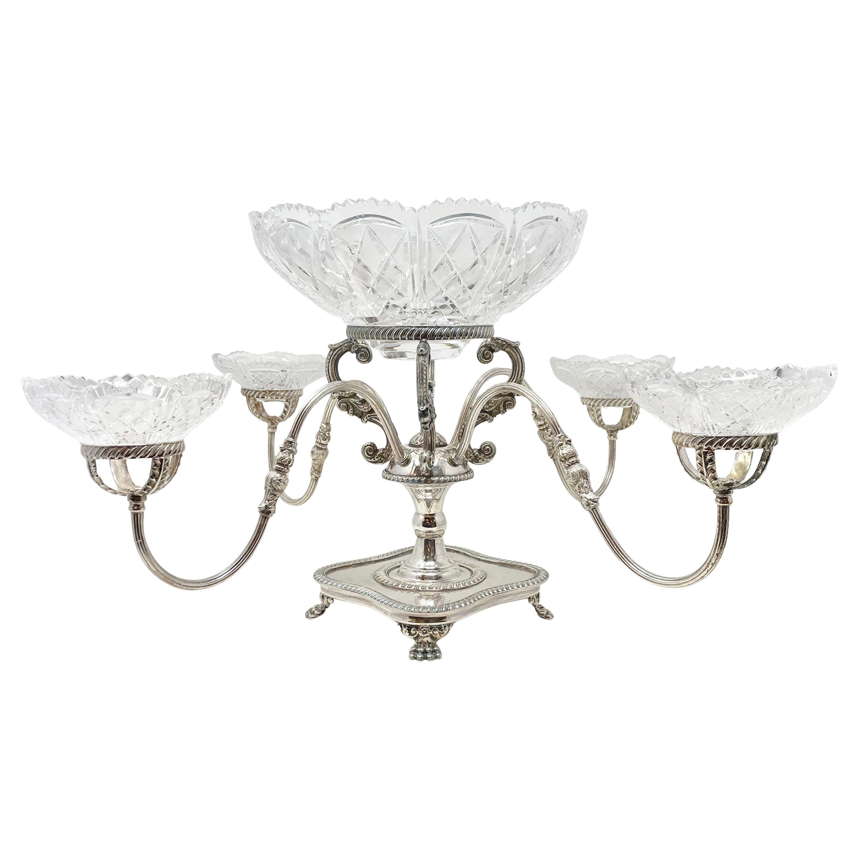 Estate English silver-plated epergne centerpiece with cut crystal bowls, circa 1950's.