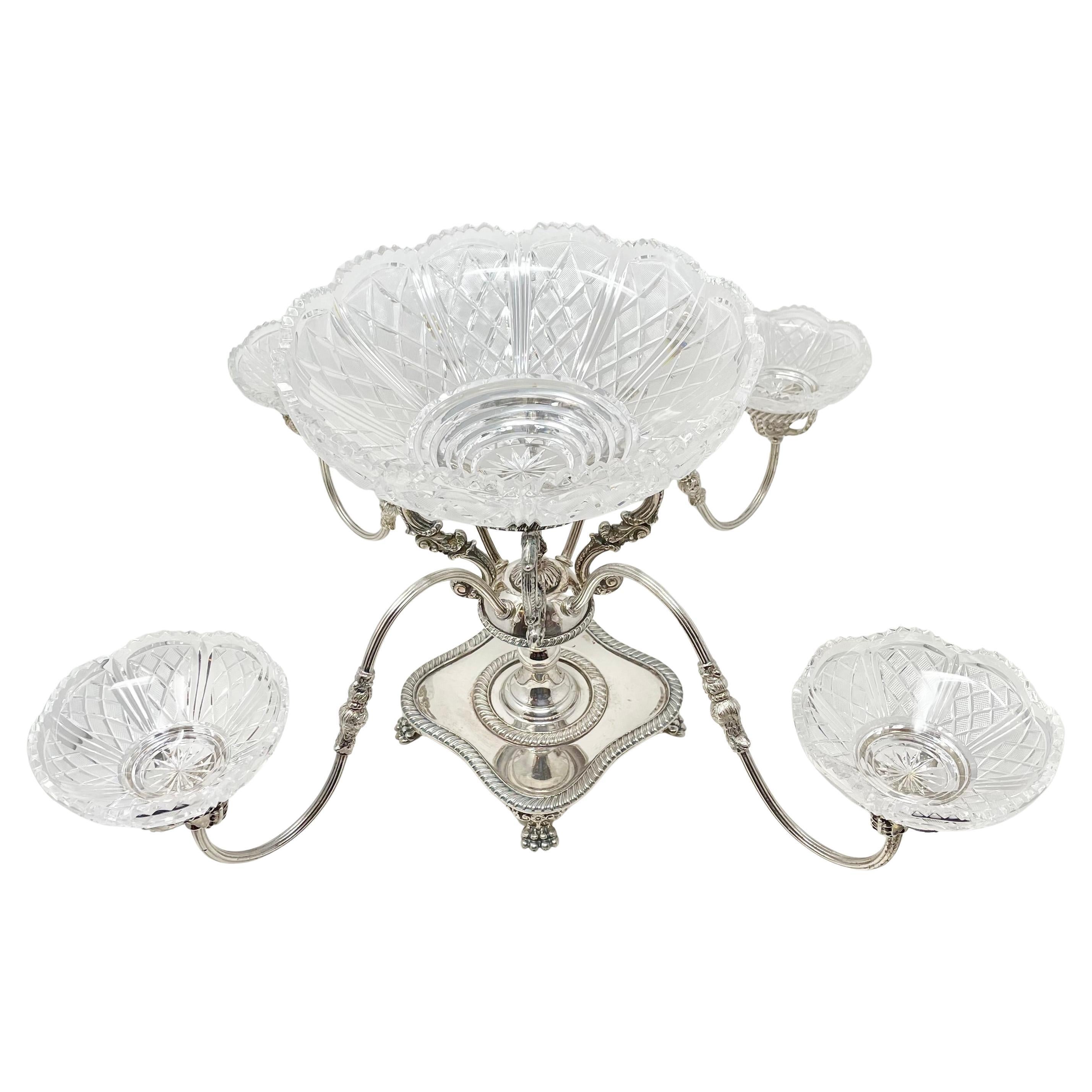 Estate English Silver-Plated Epergne with Cut Crystal Bowls, Circa 1950's. In Good Condition In New Orleans, LA