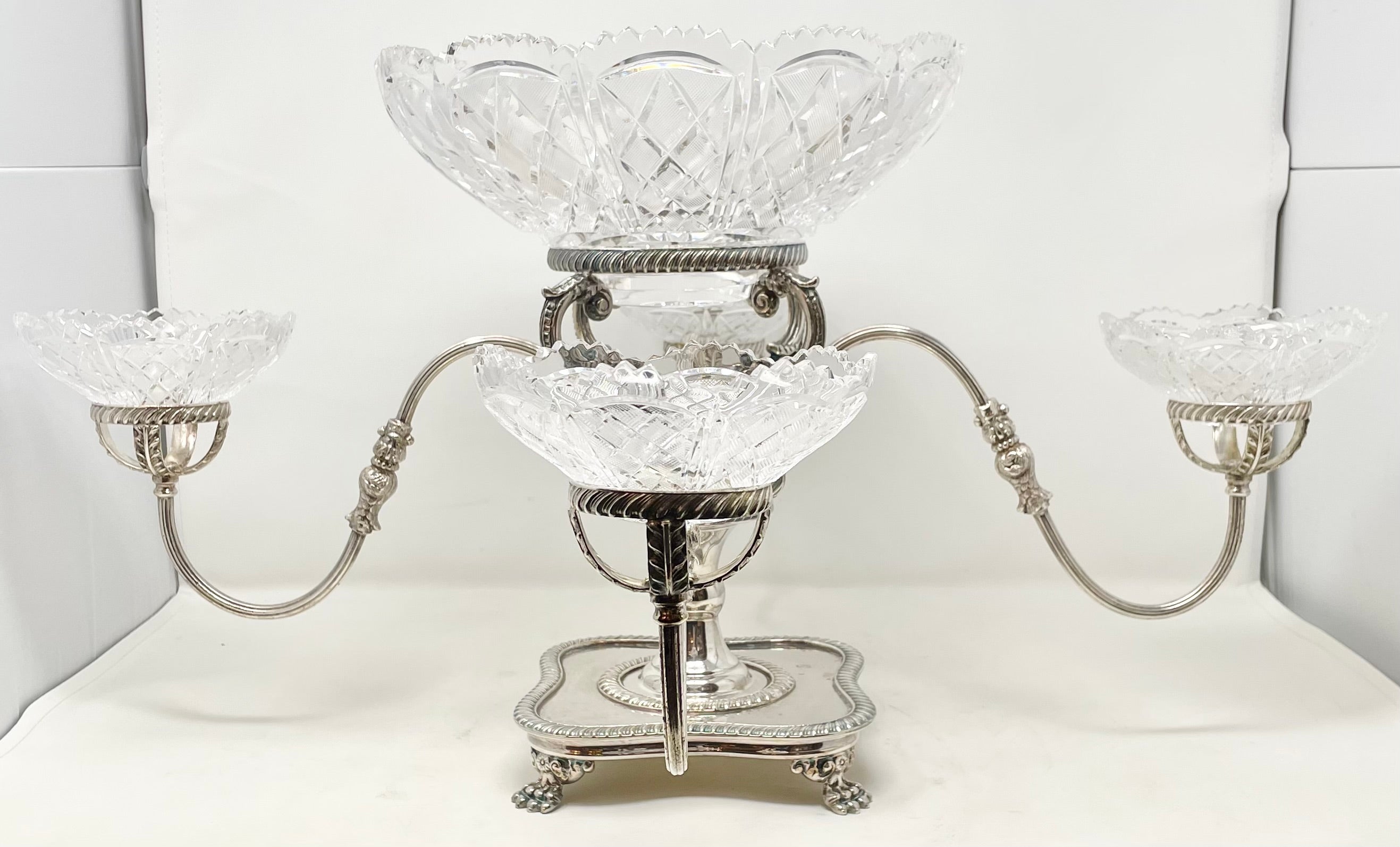 20th Century Estate English Silver-Plated Epergne with Cut Crystal Bowls, Circa 1950's.