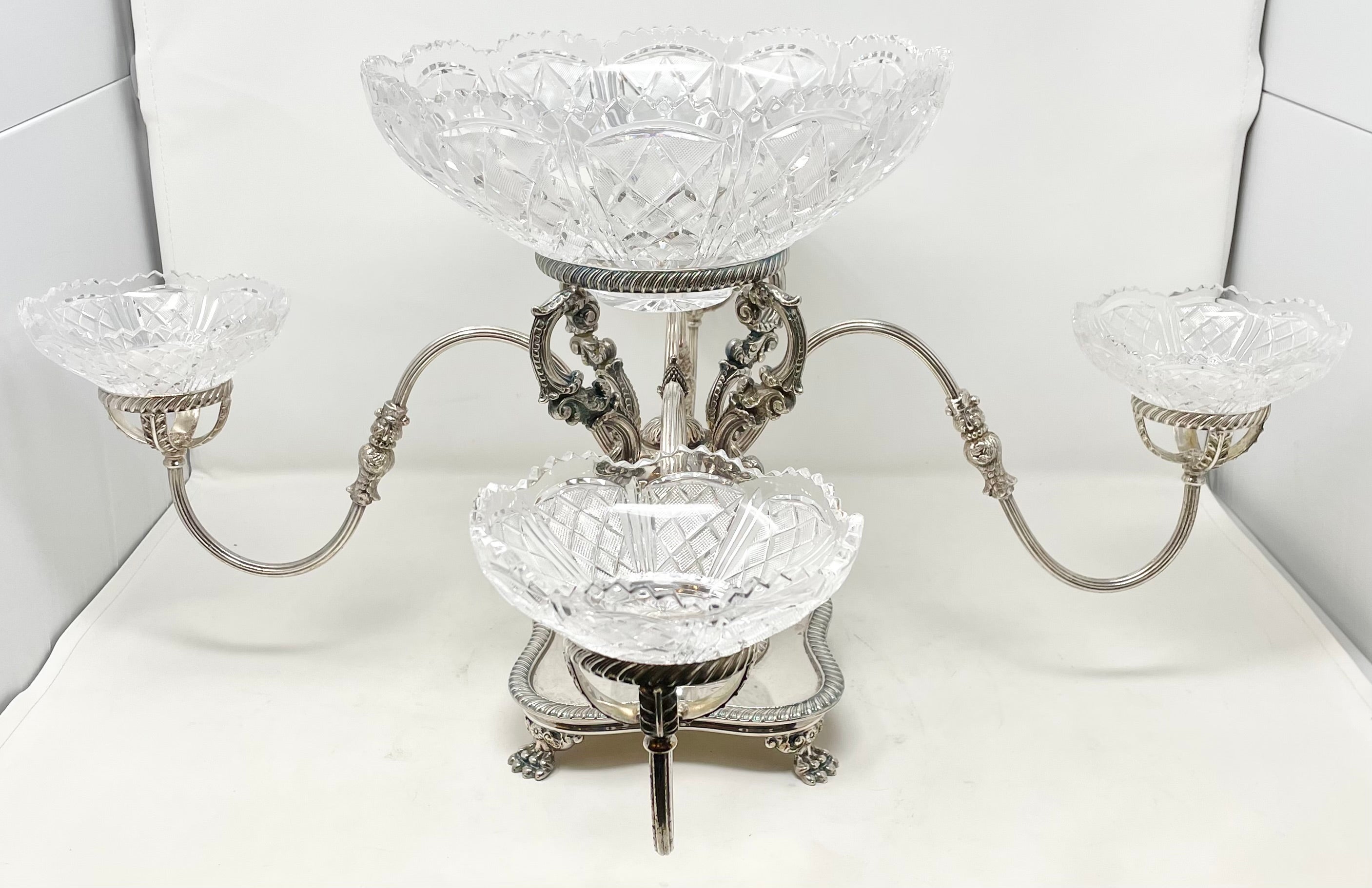 Silver Plate Estate English Silver-Plated Epergne with Cut Crystal Bowls, Circa 1950's.