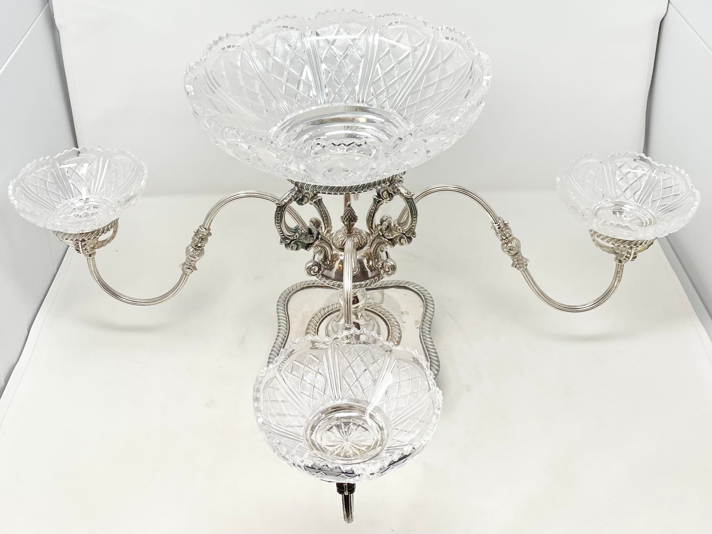 Estate English Silver-Plated Epergne with Cut Crystal Bowls, Circa 1950's. 1