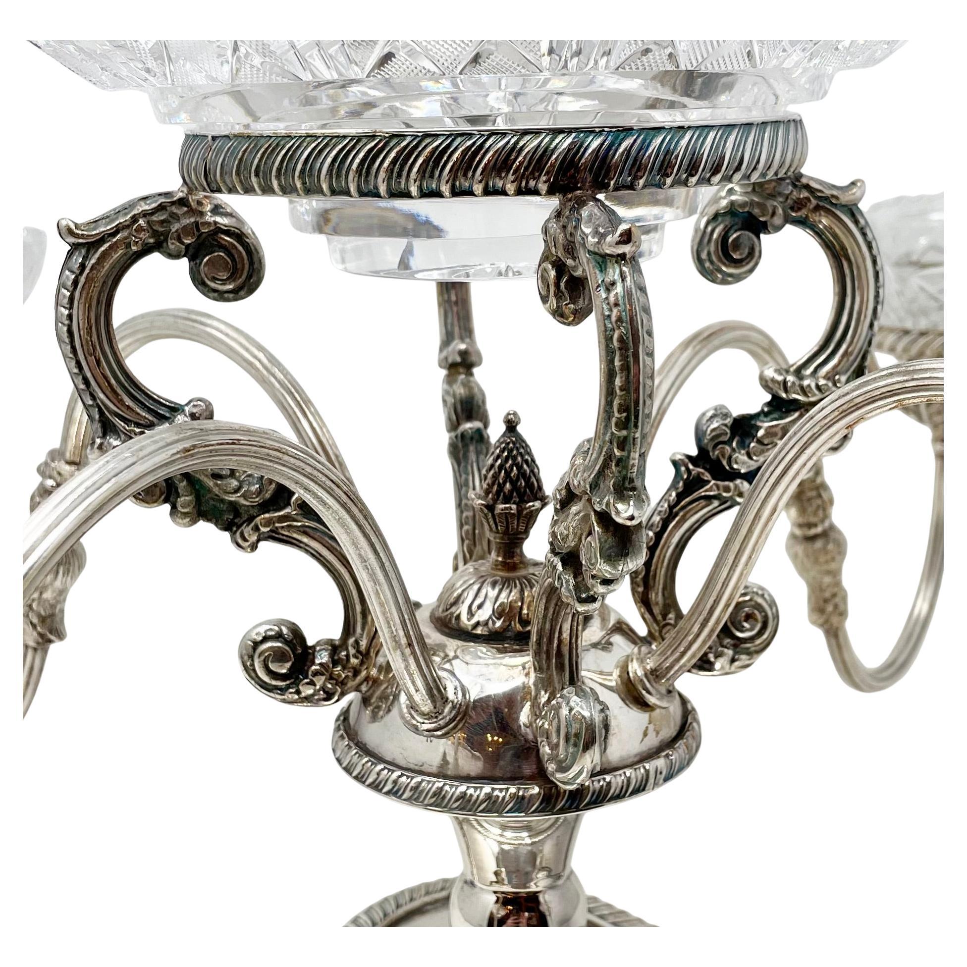 Estate English Silver-Plated Epergne with Cut Crystal Bowls, Circa 1950's. 3