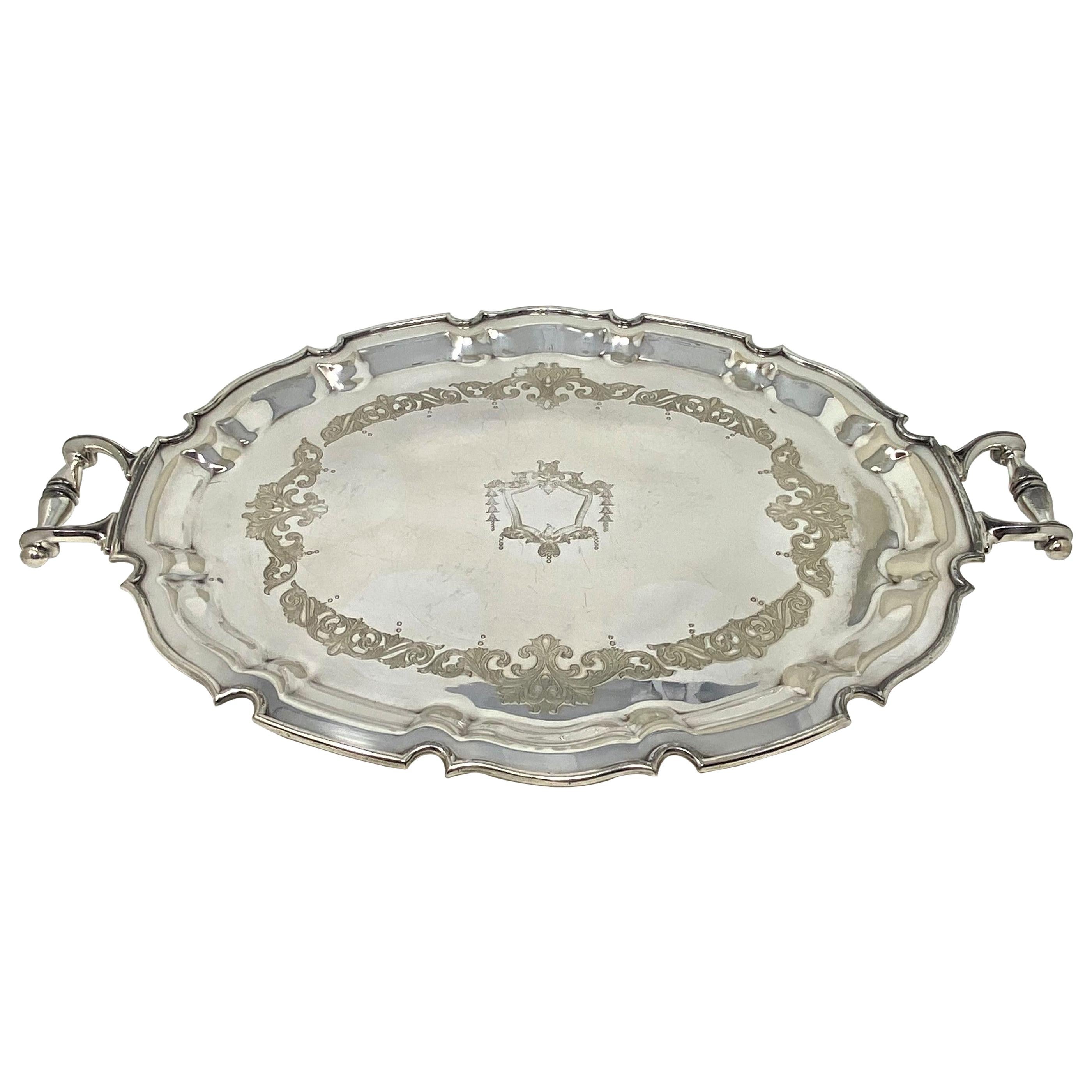 Estate English Silver-Plated Serving Tray with Handles, circa 1910-1930