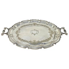 Estate English Silver-Plated Serving Tray with Handles, circa 1910-1930