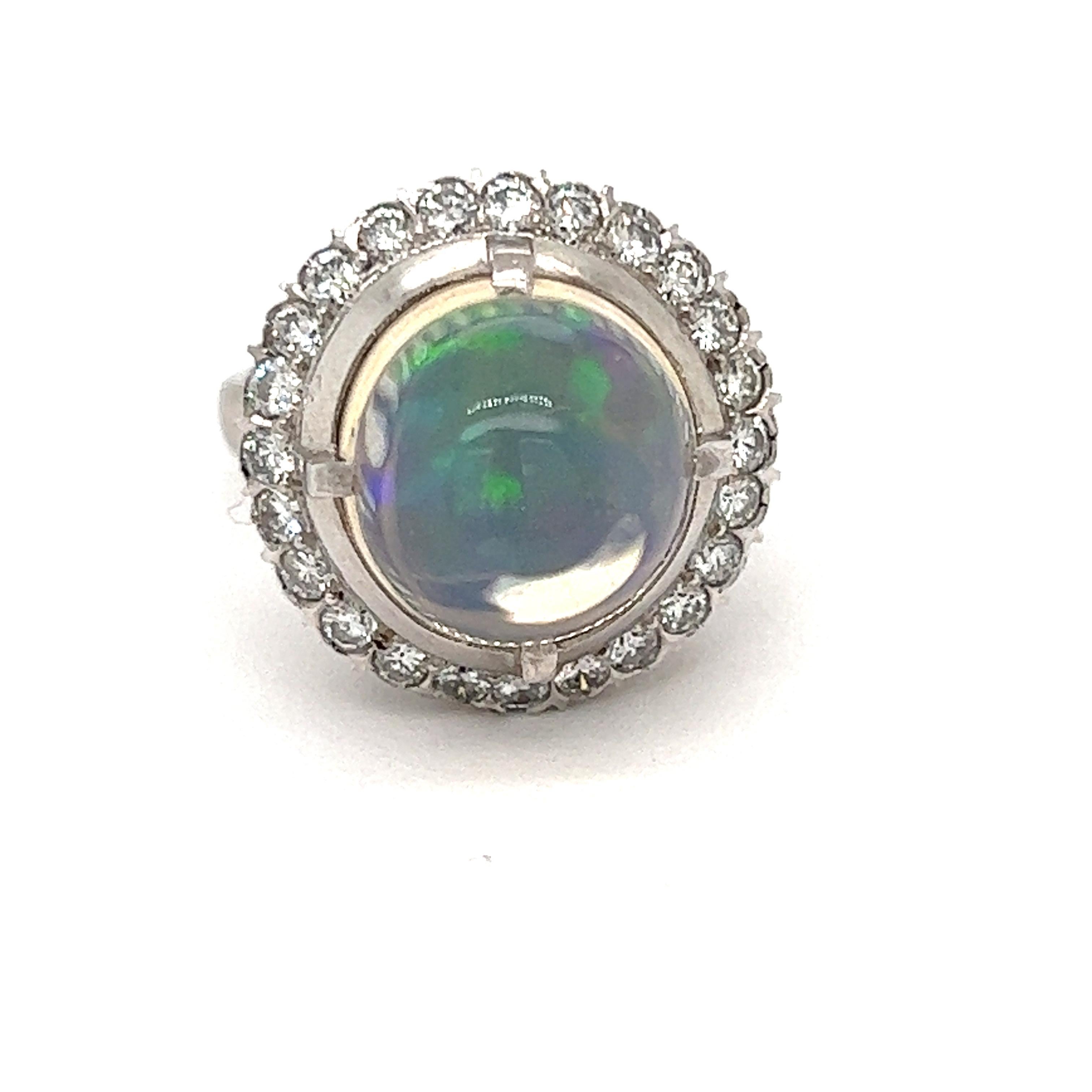 Round Cut Estate Ethiopian Opal and Diamond Platinum Ring For Sale