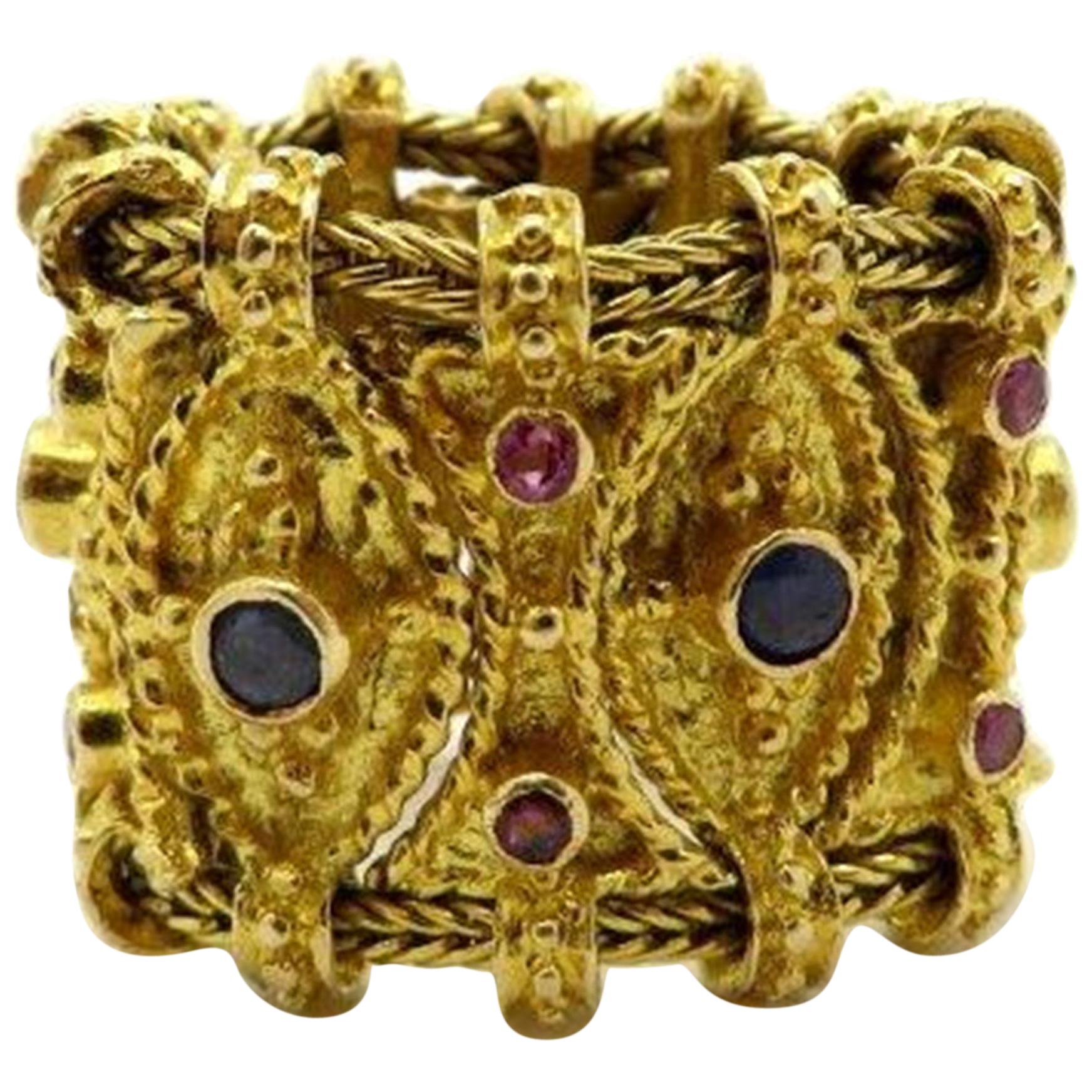Estate Etruscan Style Ruby and Sapphire 18 Karat Yellow Gold Eternity Band Ring