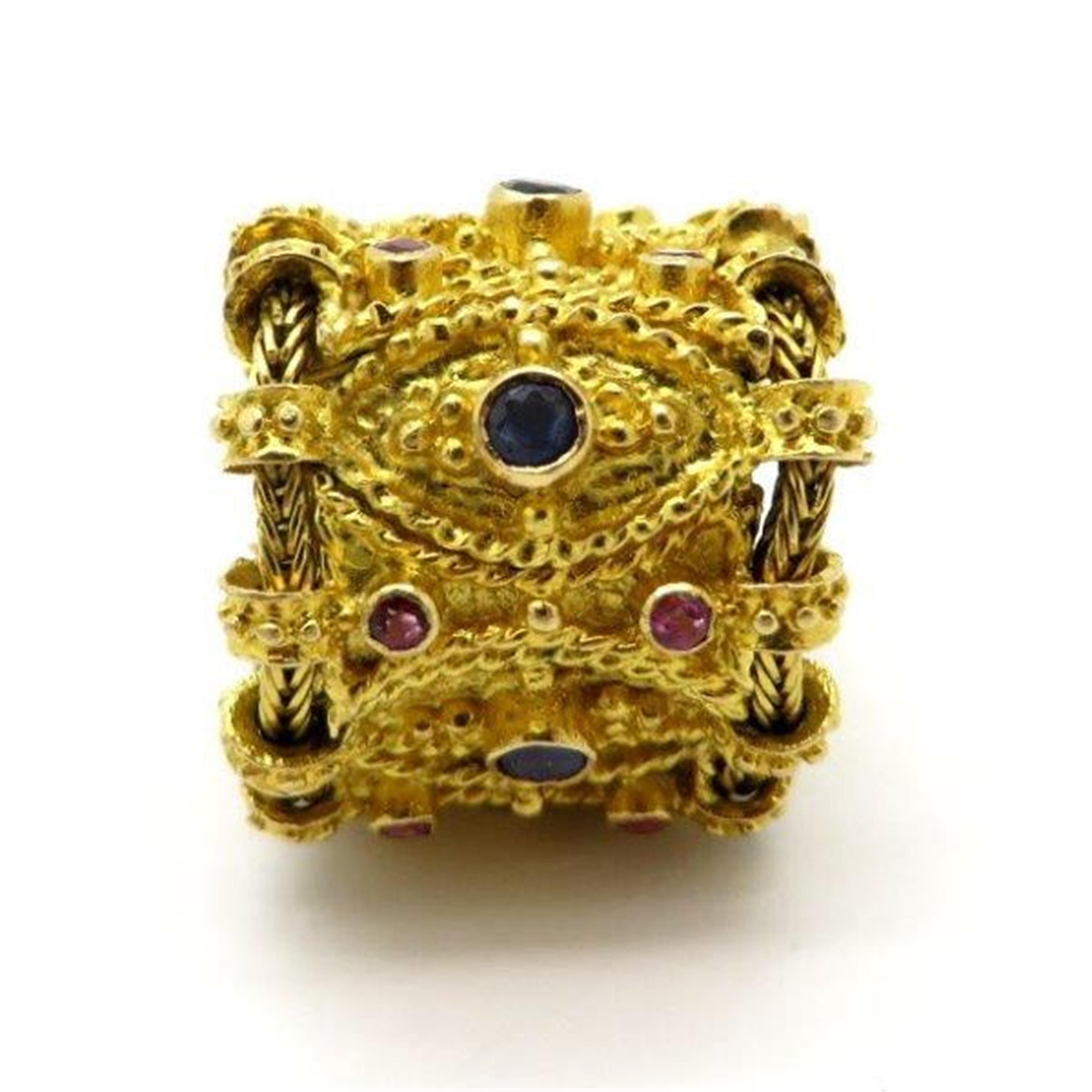 Estate Etruscan Style Ruby and Sapphire 18 Karat Yellow Gold Eternity Band Ring In Excellent Condition In Scottsdale, AZ