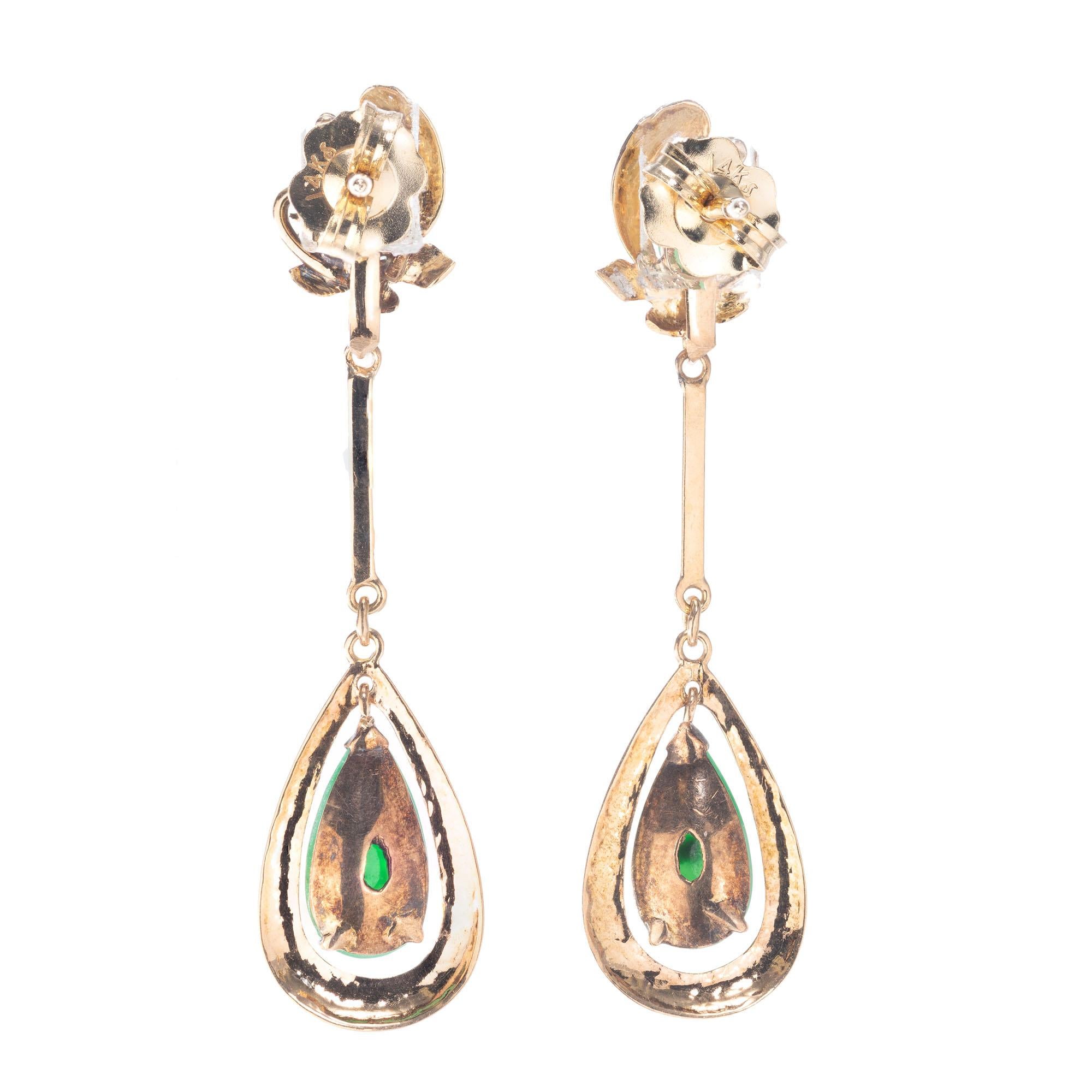 Pear Cut Estate European 1940s Rose Gold Pear Shape Jadeite Jade Dangle Earrings