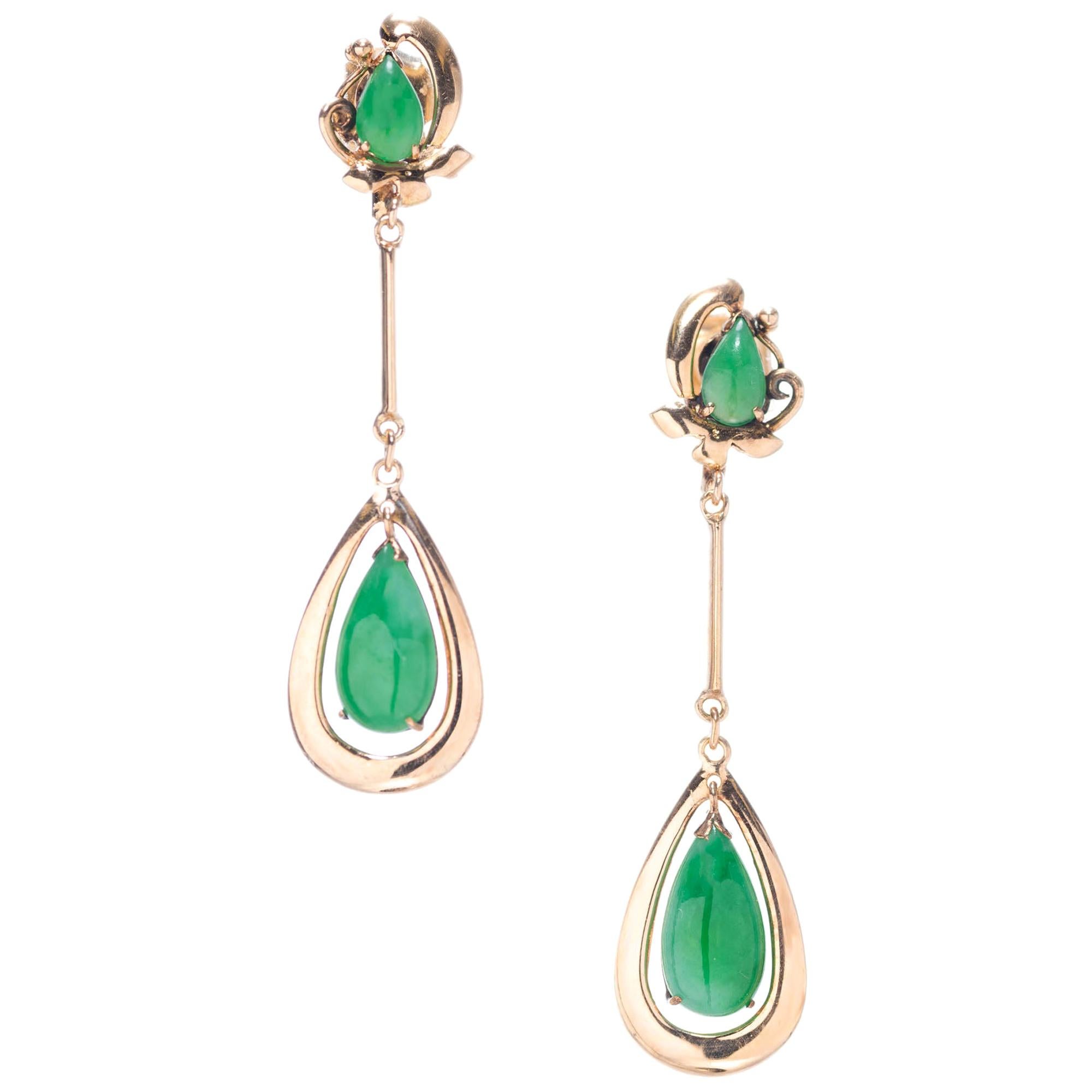 Estate European 1940s Rose Gold Pear Shape Jadeite Jade Dangle Earrings