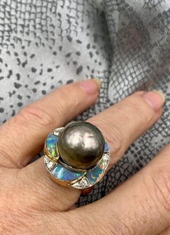 Estate Faceted Black Pearl, Black Opal, Diamond 18K Gold Platinum Cocktail Ring