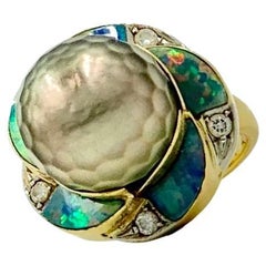 Estate Faceted Black Pearl, Black Opal, Diamond 18K Gold Platinum Cocktail Ring