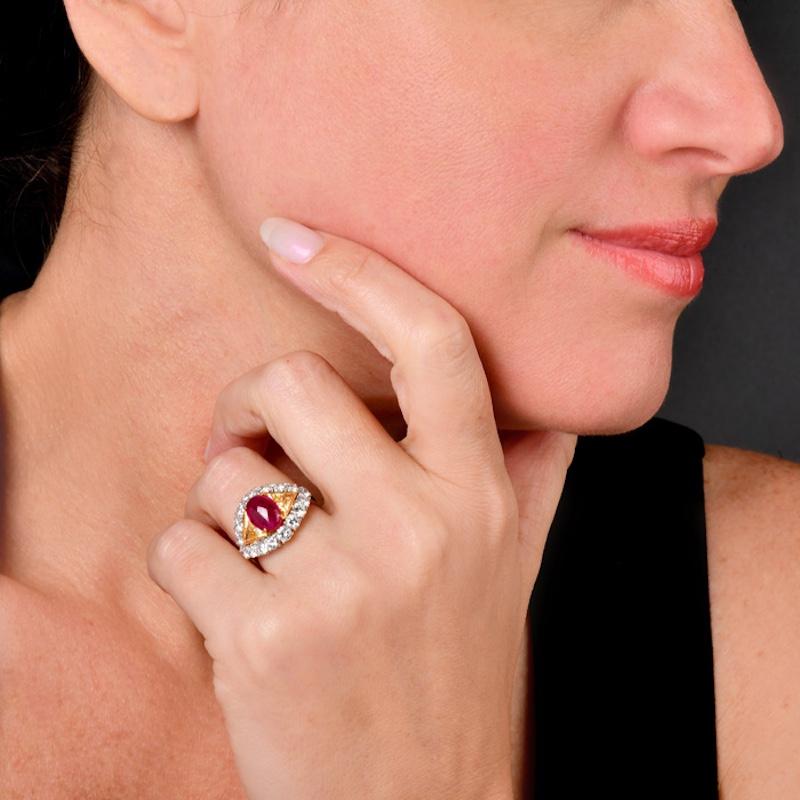 1980s  Fancy Diamond 6.45cts Ruby 18K Gold Cabochon Cocktail Ring For Sale 7