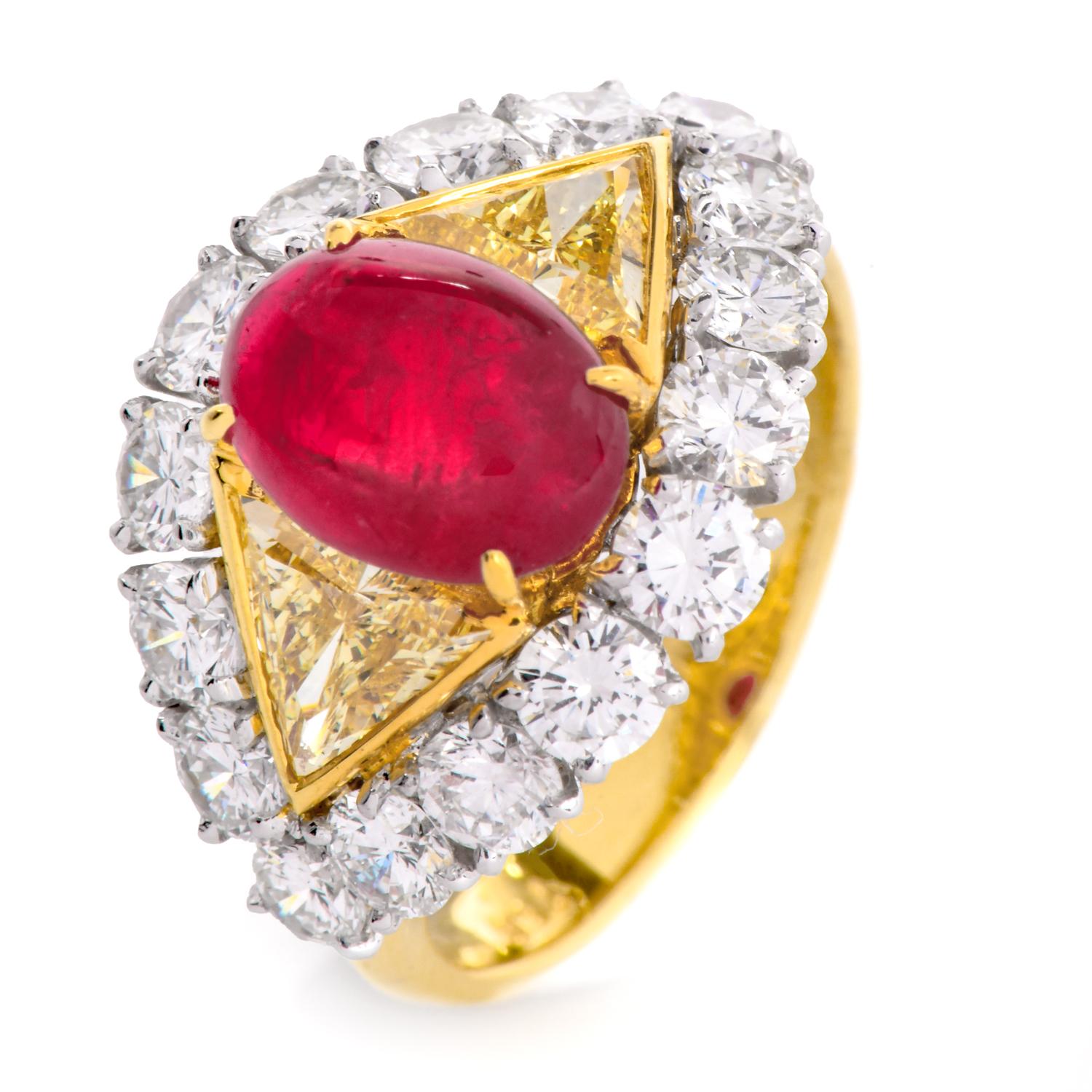 1980s  Fancy Diamond 6.45cts Ruby 18K Gold Cabochon Cocktail Ring For Sale 3