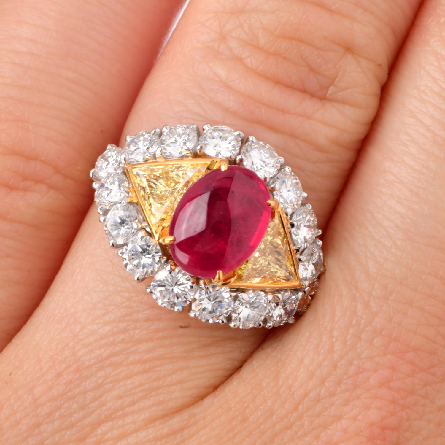 1980s  Fancy Diamond 6.45cts Ruby 18K Gold Cabochon Cocktail Ring For Sale 4