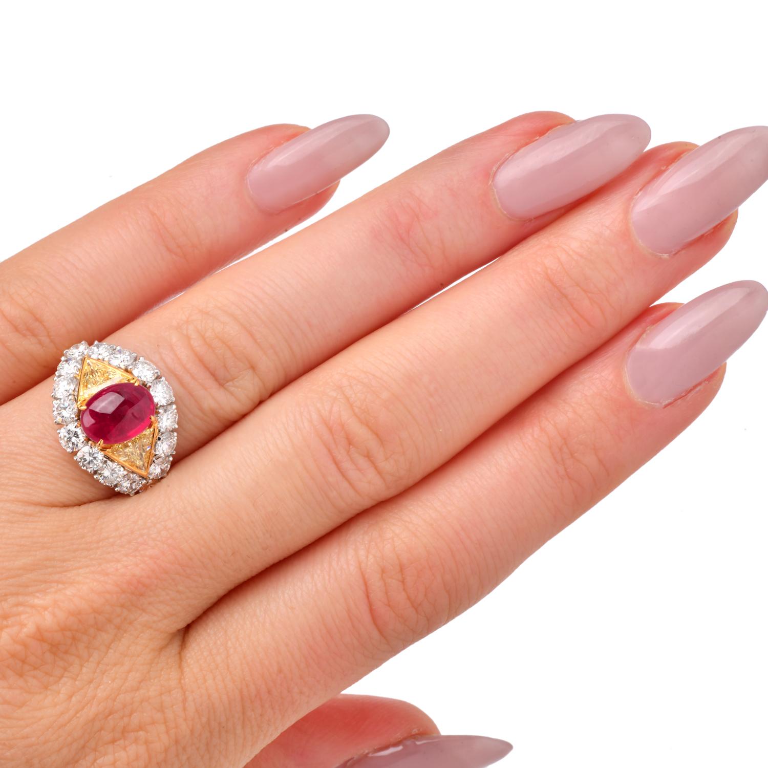 1980s  Fancy Diamond 6.45cts Ruby 18K Gold Cabochon Cocktail Ring For Sale 5