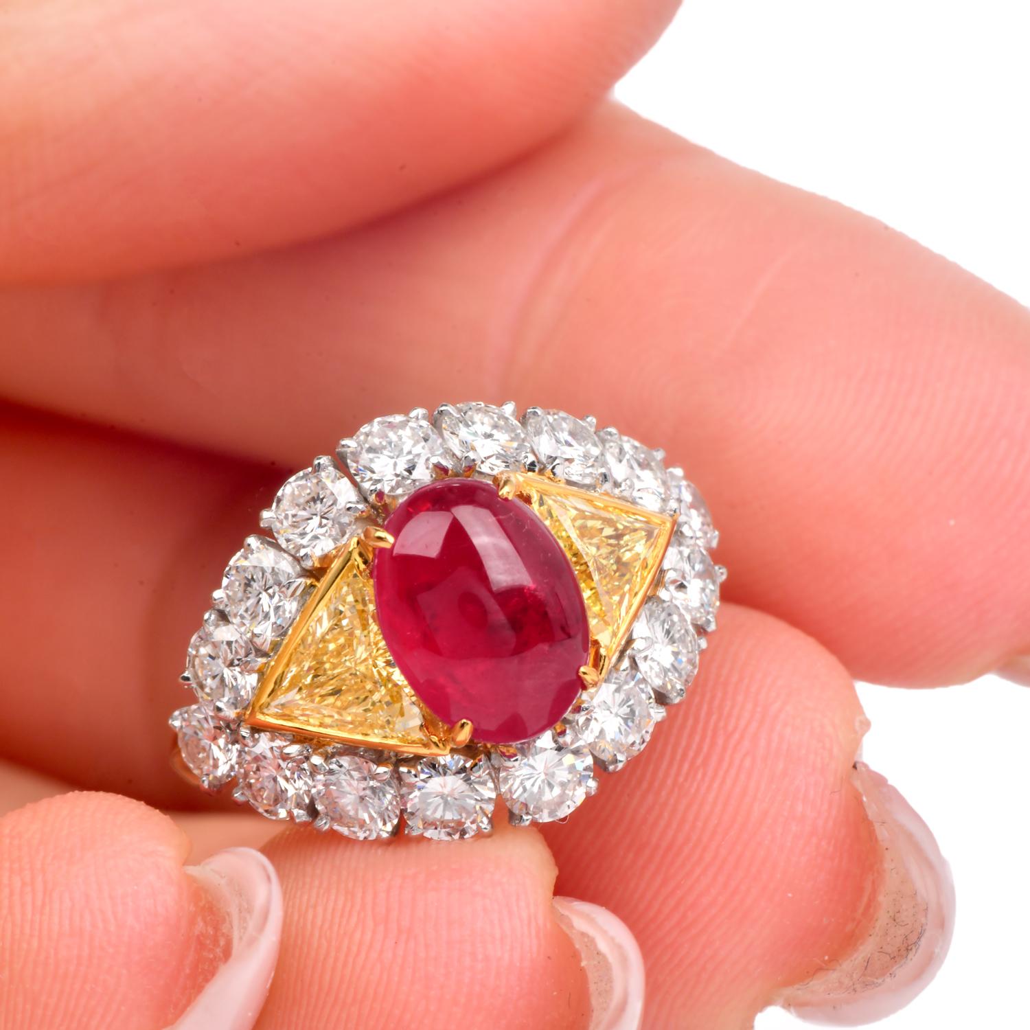 1980s  Fancy Diamond 6.45cts Ruby 18K Gold Cabochon Cocktail Ring For Sale 6