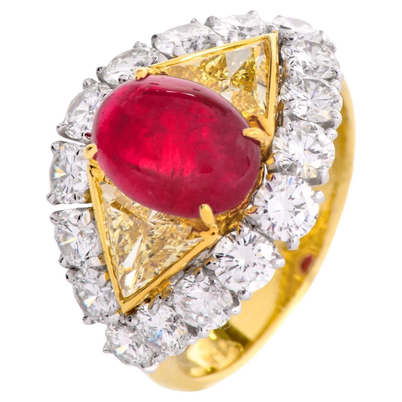 1980s  Fancy Diamond 6.45cts Ruby 18K Gold Cabochon Cocktail Ring For Sale