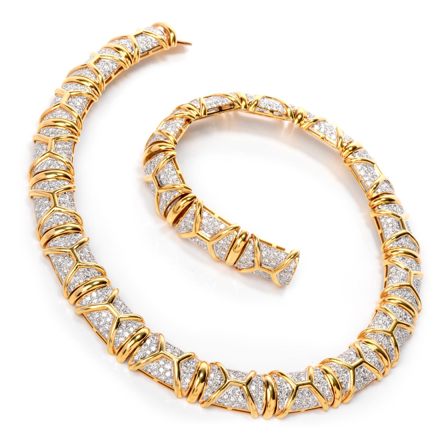 Round Cut Estate Fancy Greek Key 15.84 Carat Diamond 18 Karat Gold Choker Necklace