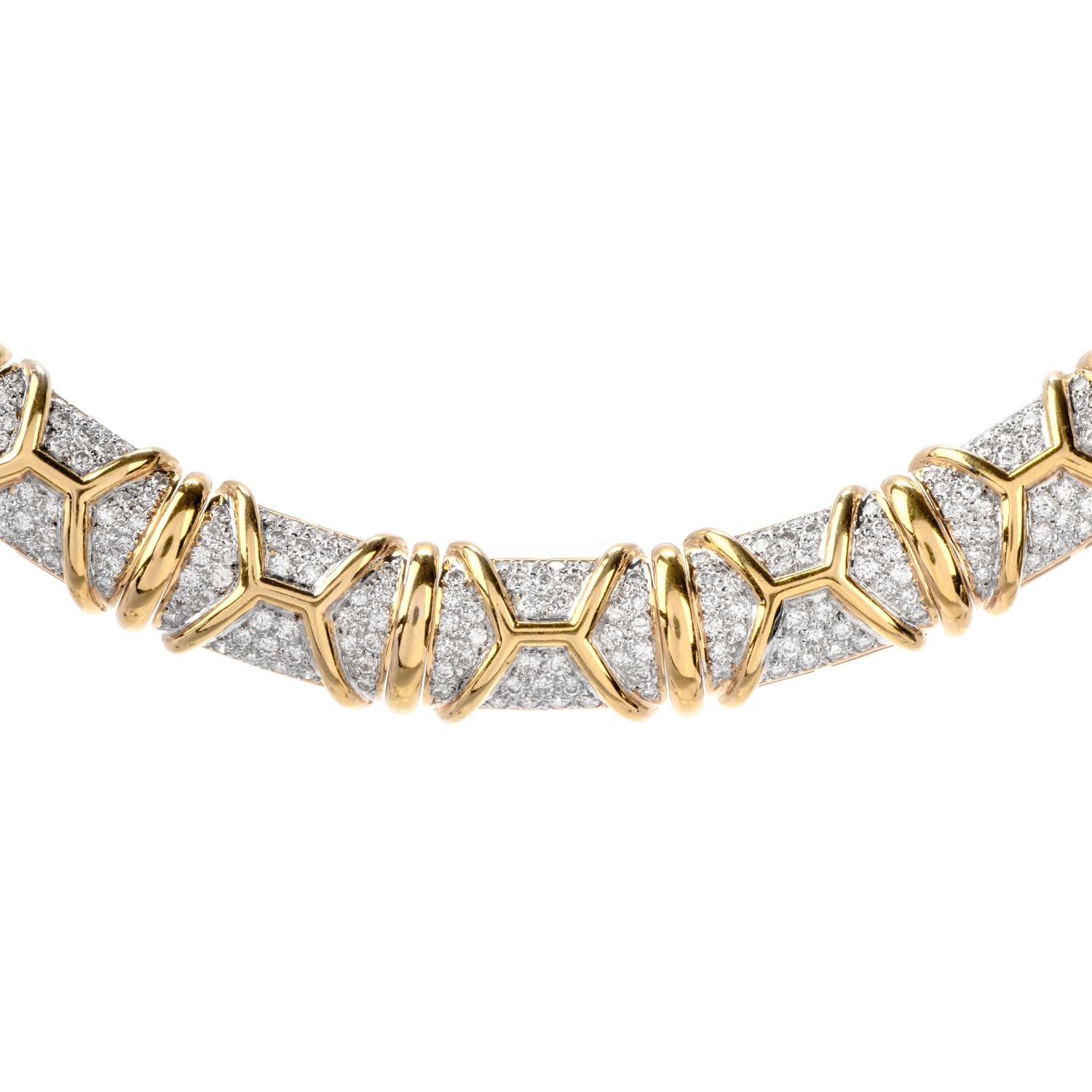 Estate Fancy Greek Key 15.84 Carat Diamond 18 Karat Gold Choker Necklace In Excellent Condition In Miami, FL