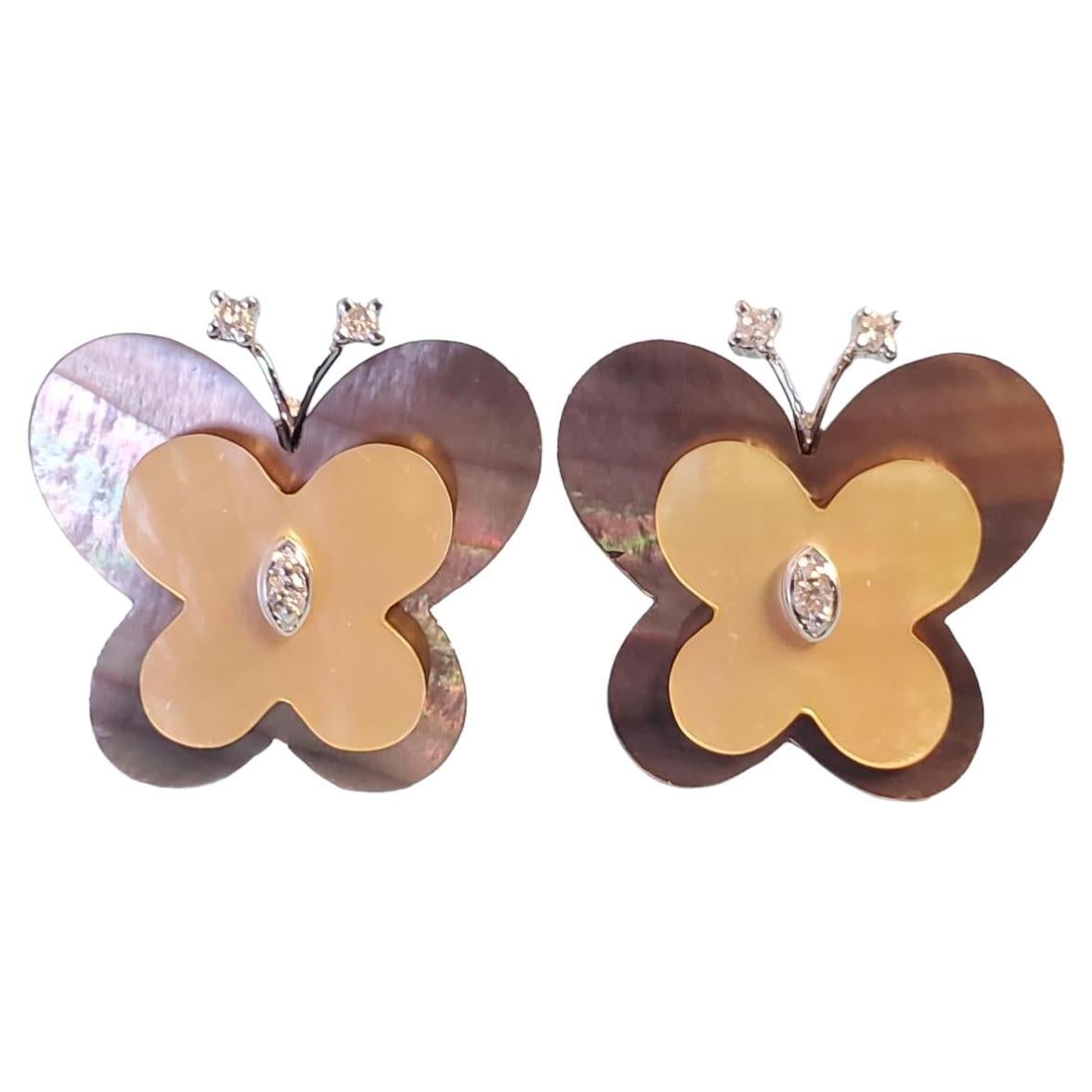 Estate Fine 14k White Gold Butterfly Earrings MOP and Diamonds For Sale