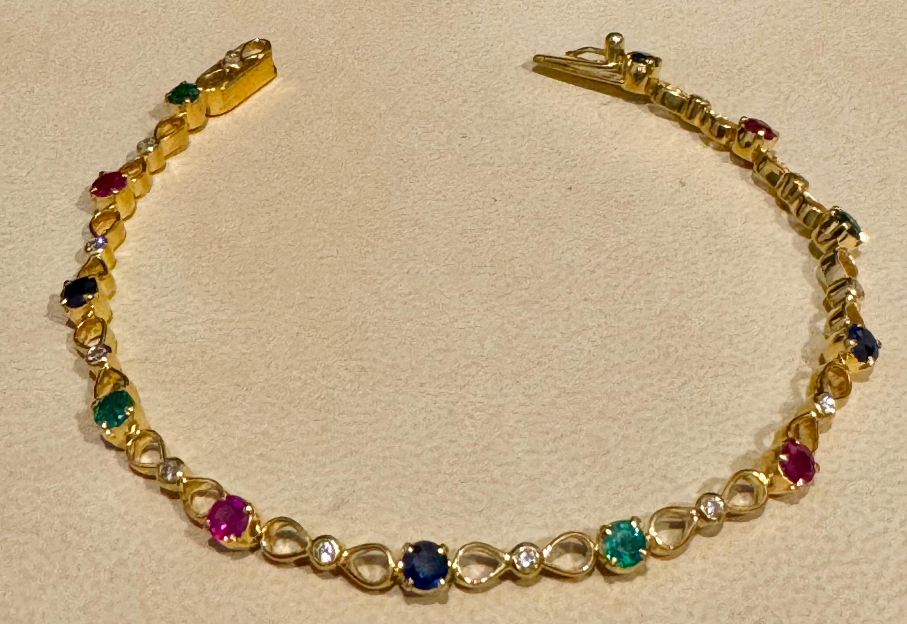 Estate Fine Emerald Ruby  & Sapphire & Dia  Bracelet in 18 Kt Yellow Gold , 7.5