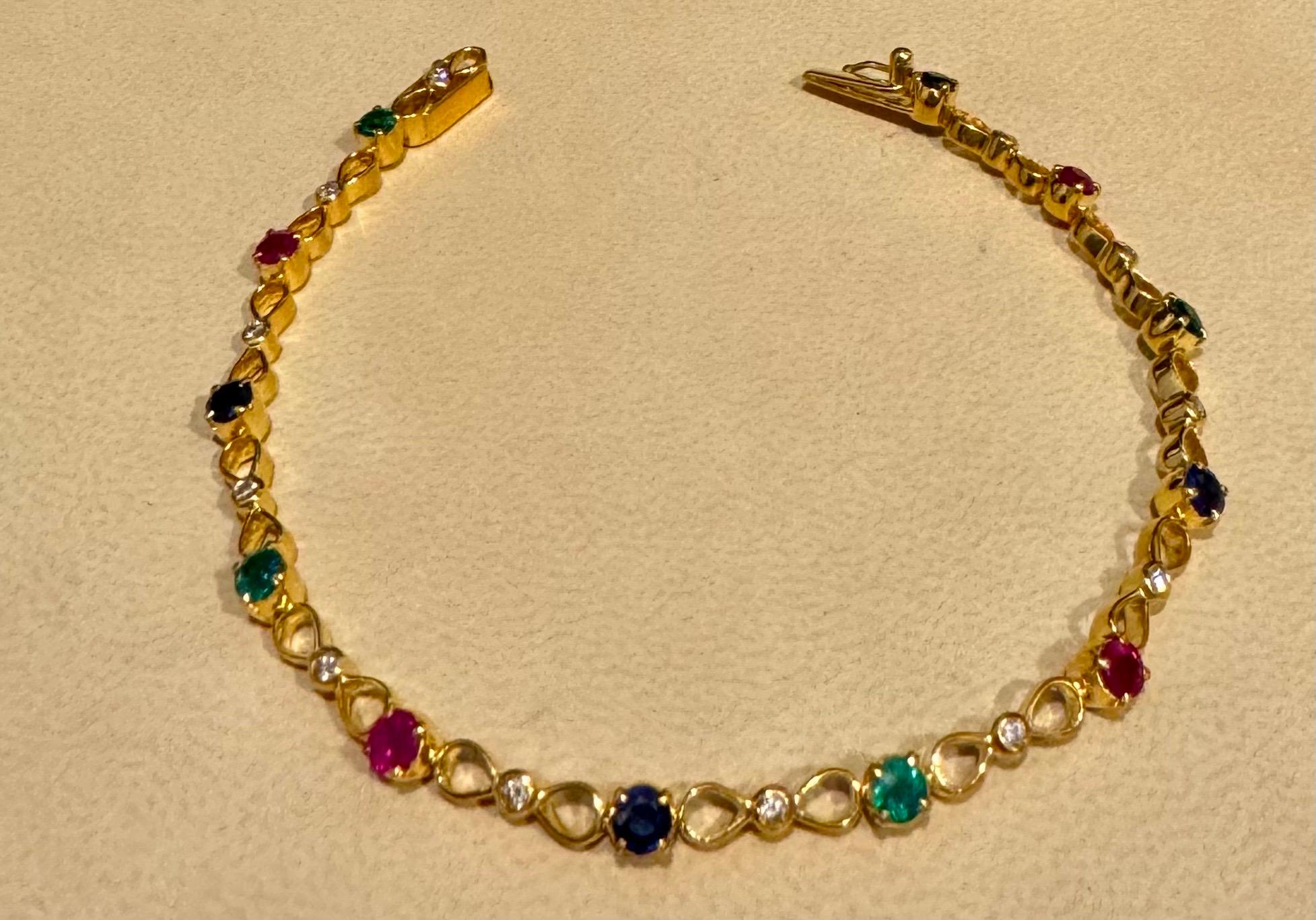 Estate Fine Emerald Ruby  & Sapphire & Dia  Bracelet in 18 Kt Yellow Gold , 7.5