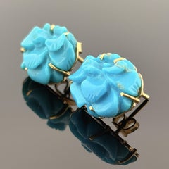 Estate Fine Turquoise Carving Earrings 18k w/ GIA Report