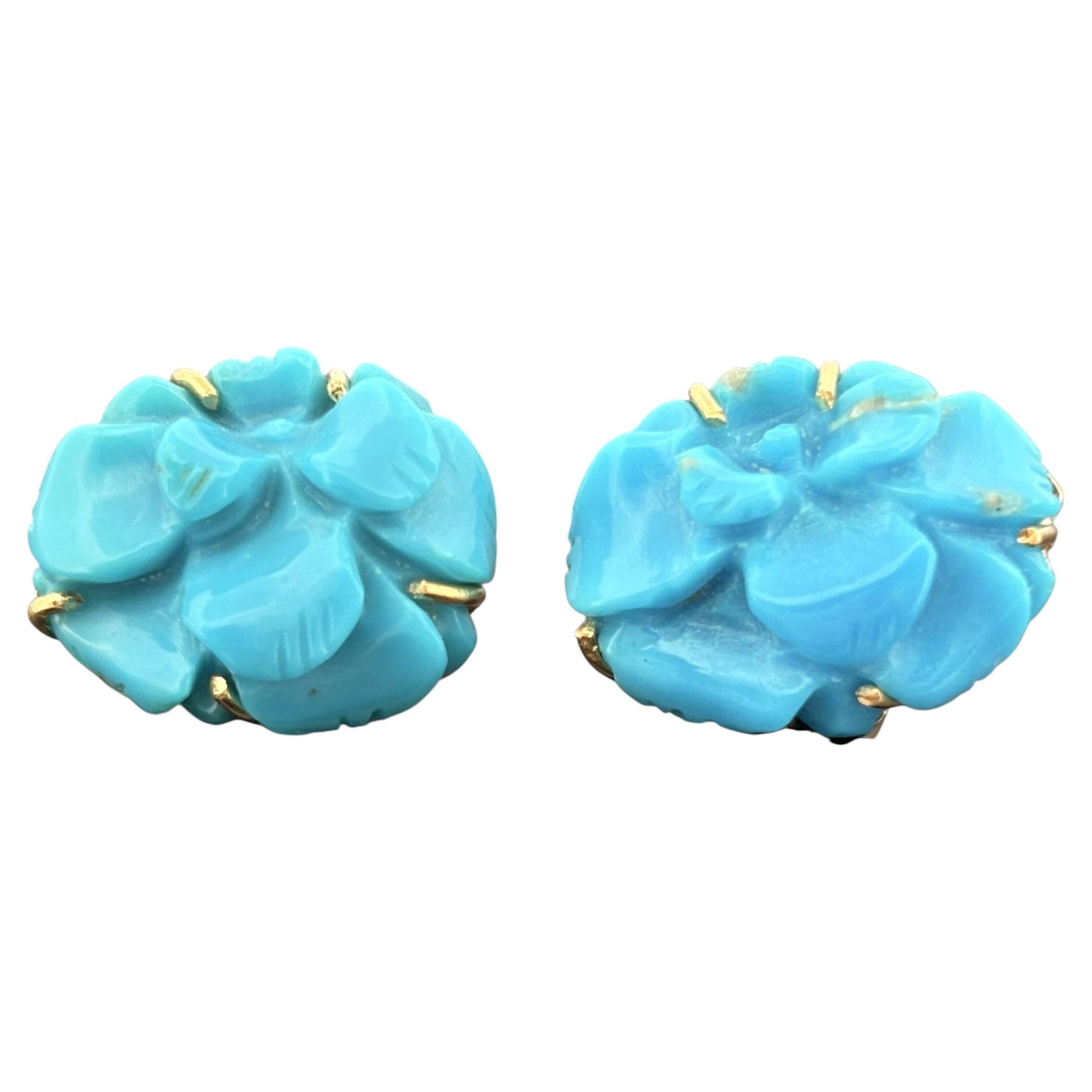 Estate Fine Turquoise Carving Earrings 18k w/ GIA Report