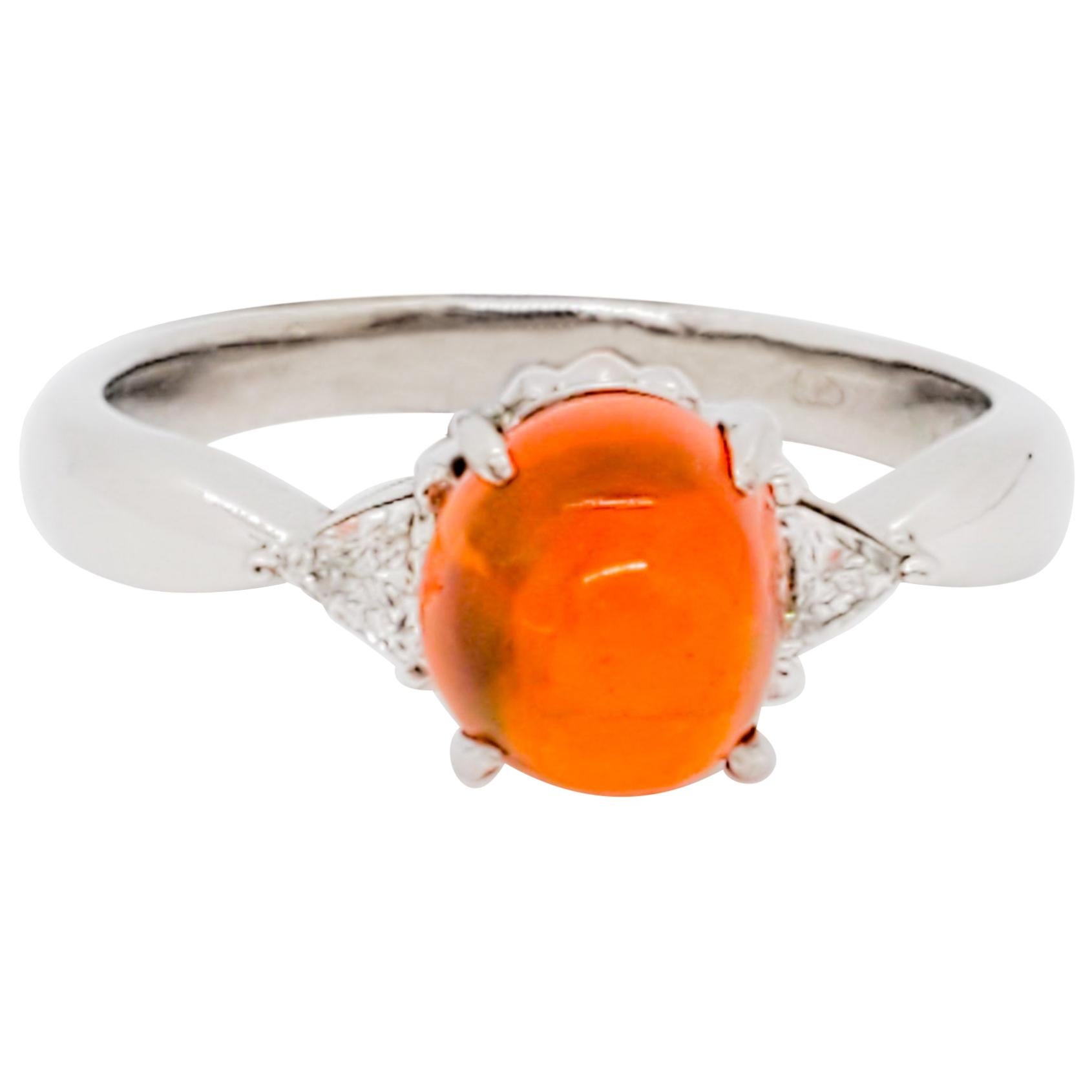Estate Fire Opal Cabochon Oval and White Diamond Three-Stone Ring For Sale  at 1stDibs
