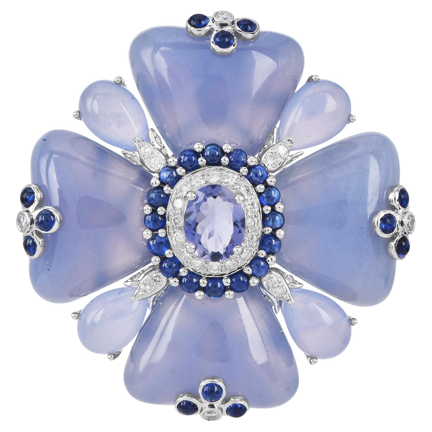 Estate Floral Chalcedon Tansanit Saphir Diamant 18K Weißgold Pin Brosche