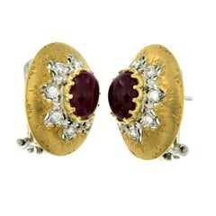 Estate Florentine Ruby Diamond Gold Clip-On Earrings