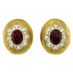 Estate Florentine Ruby Diamond Gold Clip-On Earrings