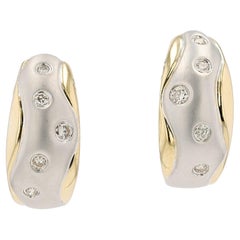 Estate Flush Set Diamond 2-Tone Huggie Earrings