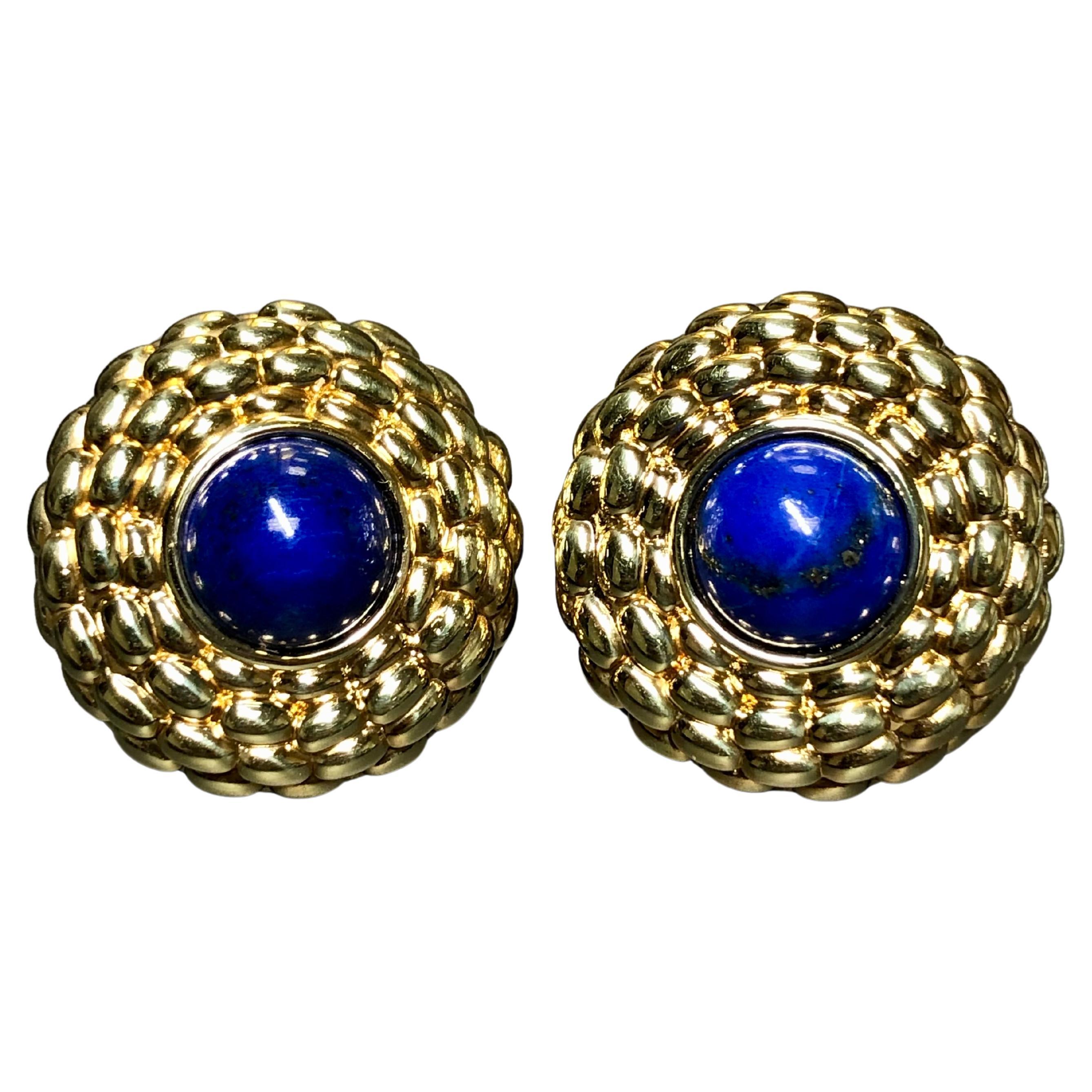 Estate FOPE 18K Yellow Gold Lapis Puffed Quilt Round Omega Back Huggie Earrings