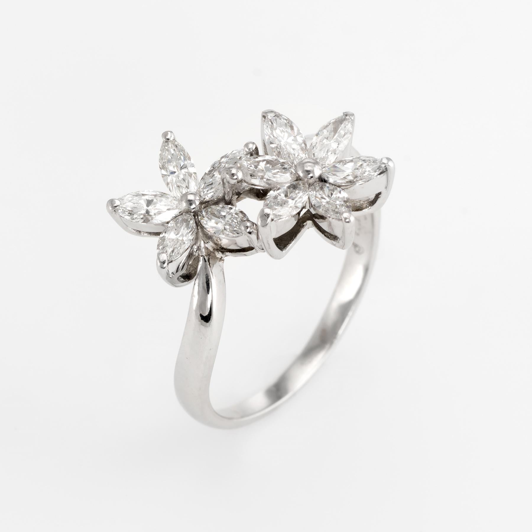 Finely detailed estate Fortunoff diamond flower ring, crafted in 18 karat white gold. 

10 marquise cut diamonds are estimated at 0.10 carats each and total an estimated 1 carat (estimated at G-H color and VS2 clarity.   

The charming double flower