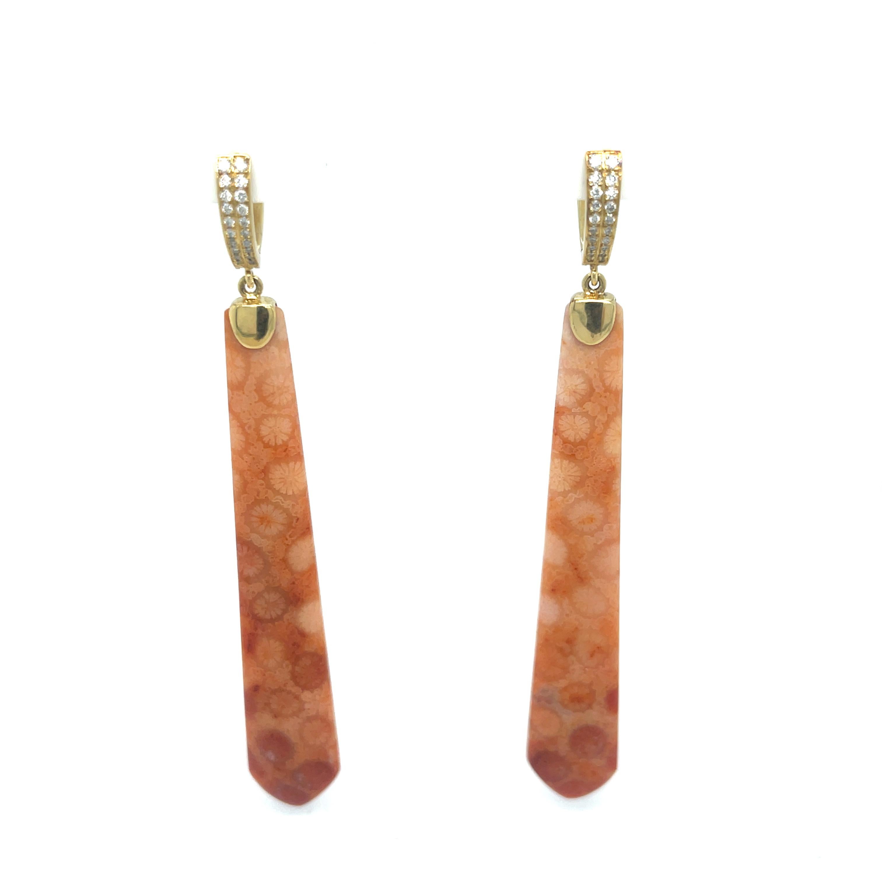 Orecchini Estate Fossilized Coral 39.91ctw & Diamond 0.40ctw di Pamela Huizenga lunghezza 3.25
