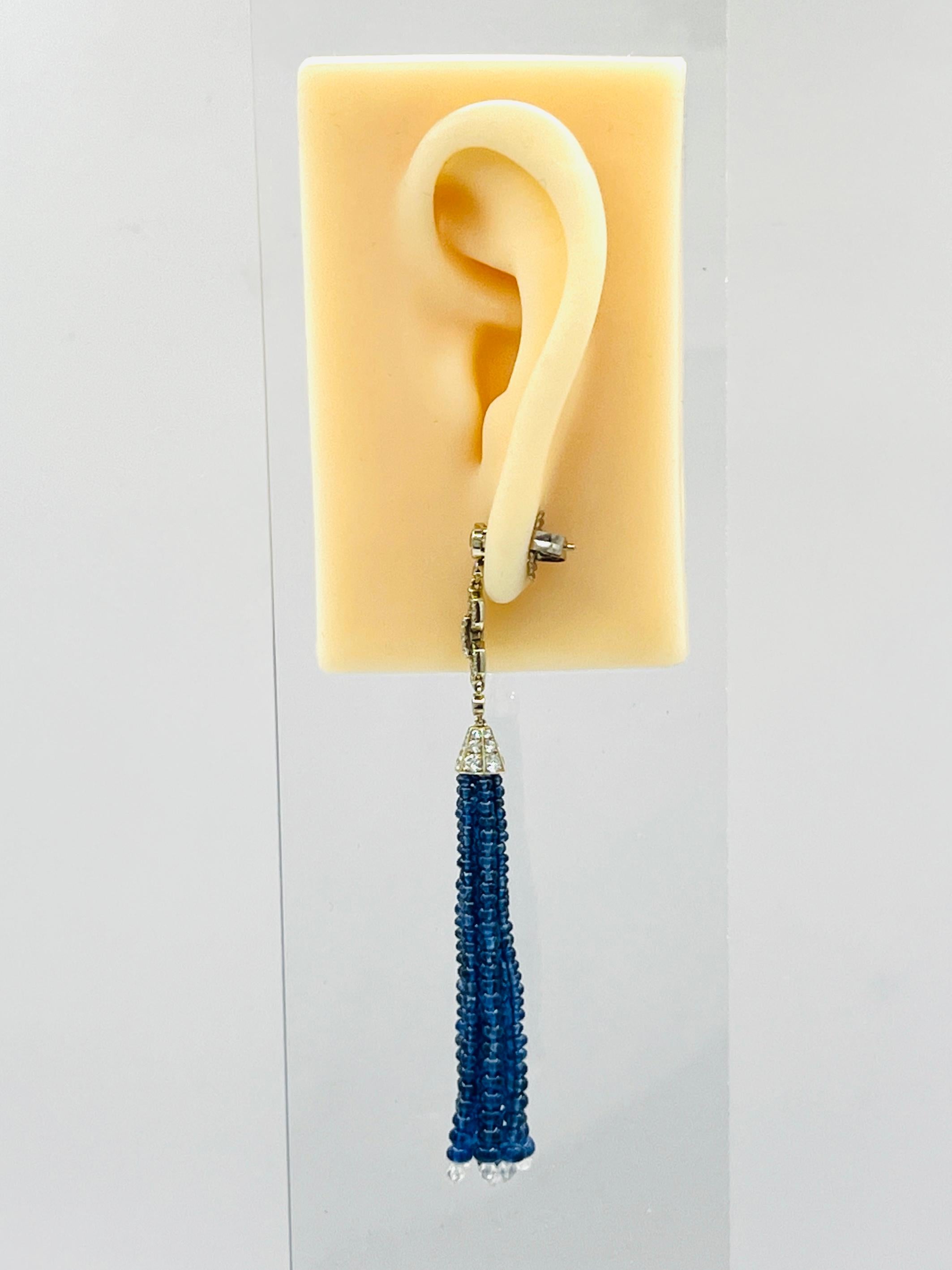 Gorgeous estate Fred Leighton earrings featuring good quality bright blue sapphire beads and good quality white diamond rounds.  Handmade in 18k white gold.  Push back setting.