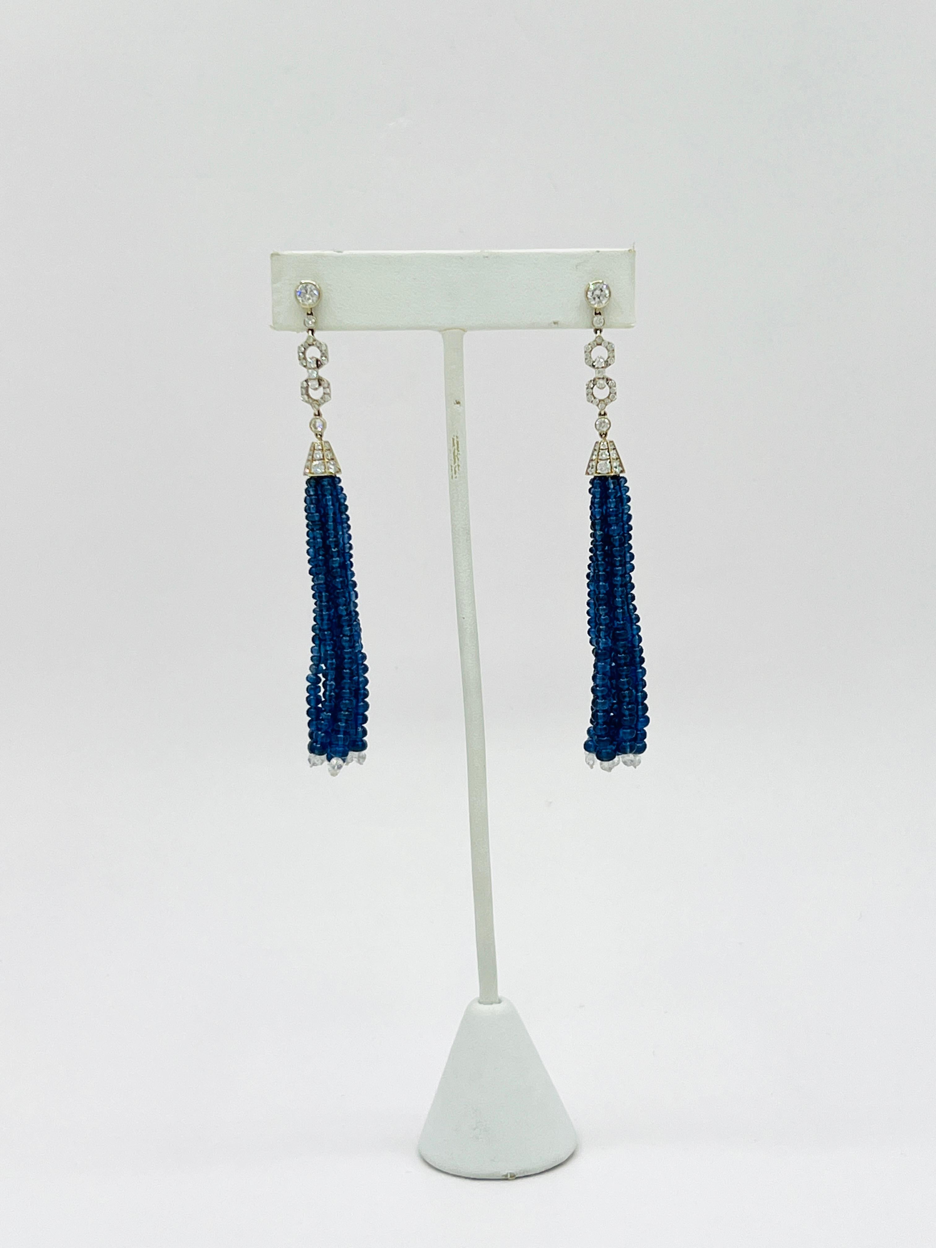 Estate Fred Leighton Blue Sapphire Beads and White Diamond Dangle Earrings In Excellent Condition For Sale In Los Angeles, CA